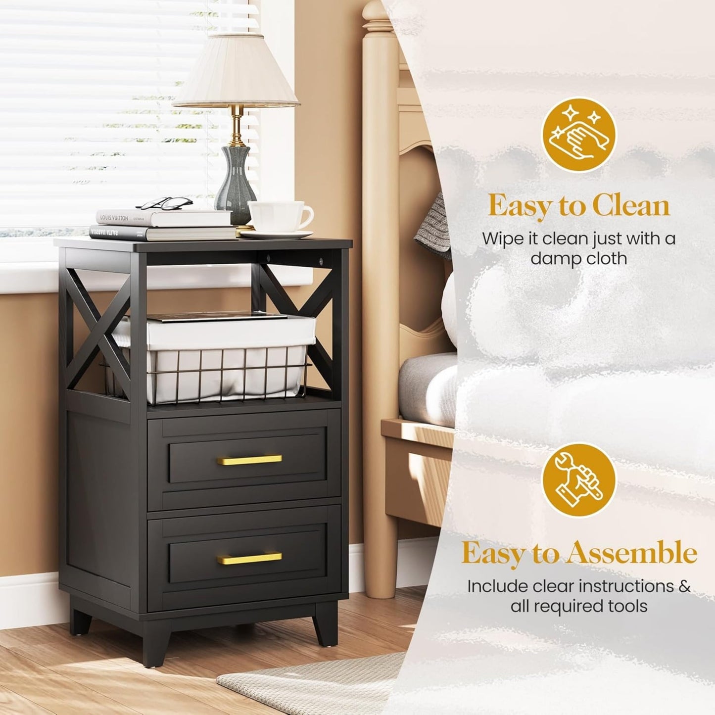 Superjoe Tall Nightstand Set of 1, Side Table with 2 Drawers and Open Shelf Top, Bedside Table with Solid Feet, Modern Night Stand End Table for Bedroom, Living Room, Home Office, Black