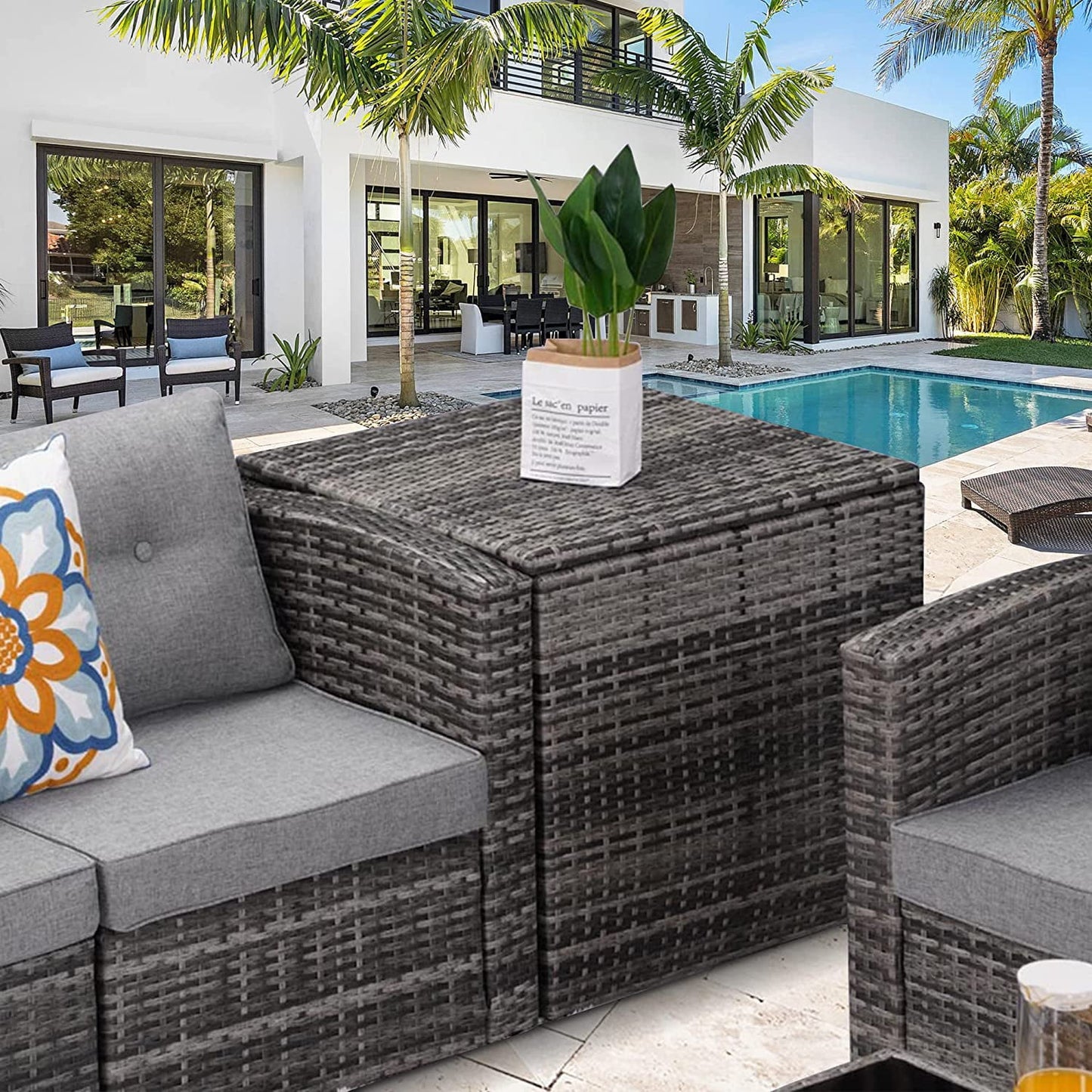sunvivicollection Wicker Storage Box, Rattan Bin Deck Box for Cushions, Tools and Toys Gray for Garden Beach Balcony and Poolside