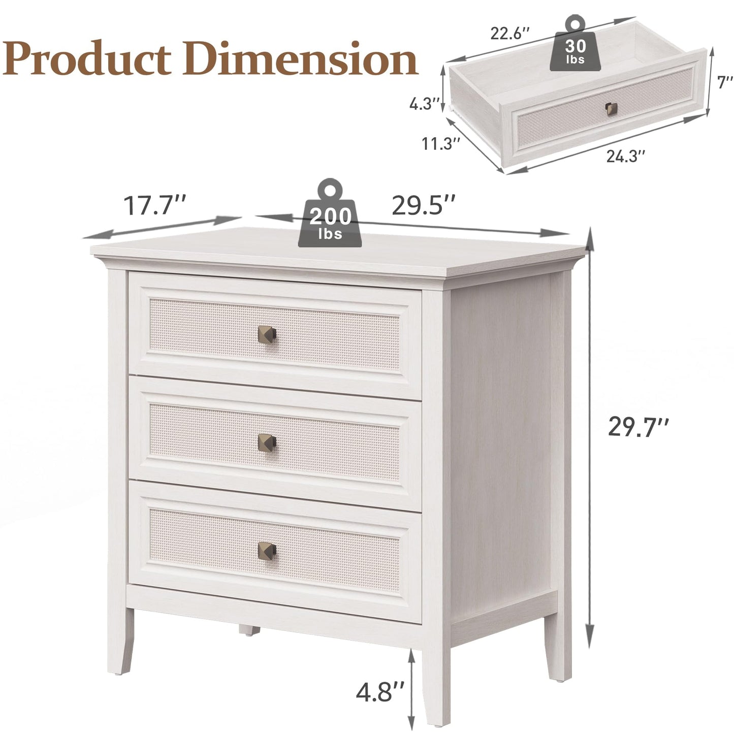 CozyHome 3 Drawer Nightstand, Rattan Dresser Table with Cane Drawers, Tall Boho Bedside Table Cabinet for Bedroom, Living Room, Entryway, Hallway, White