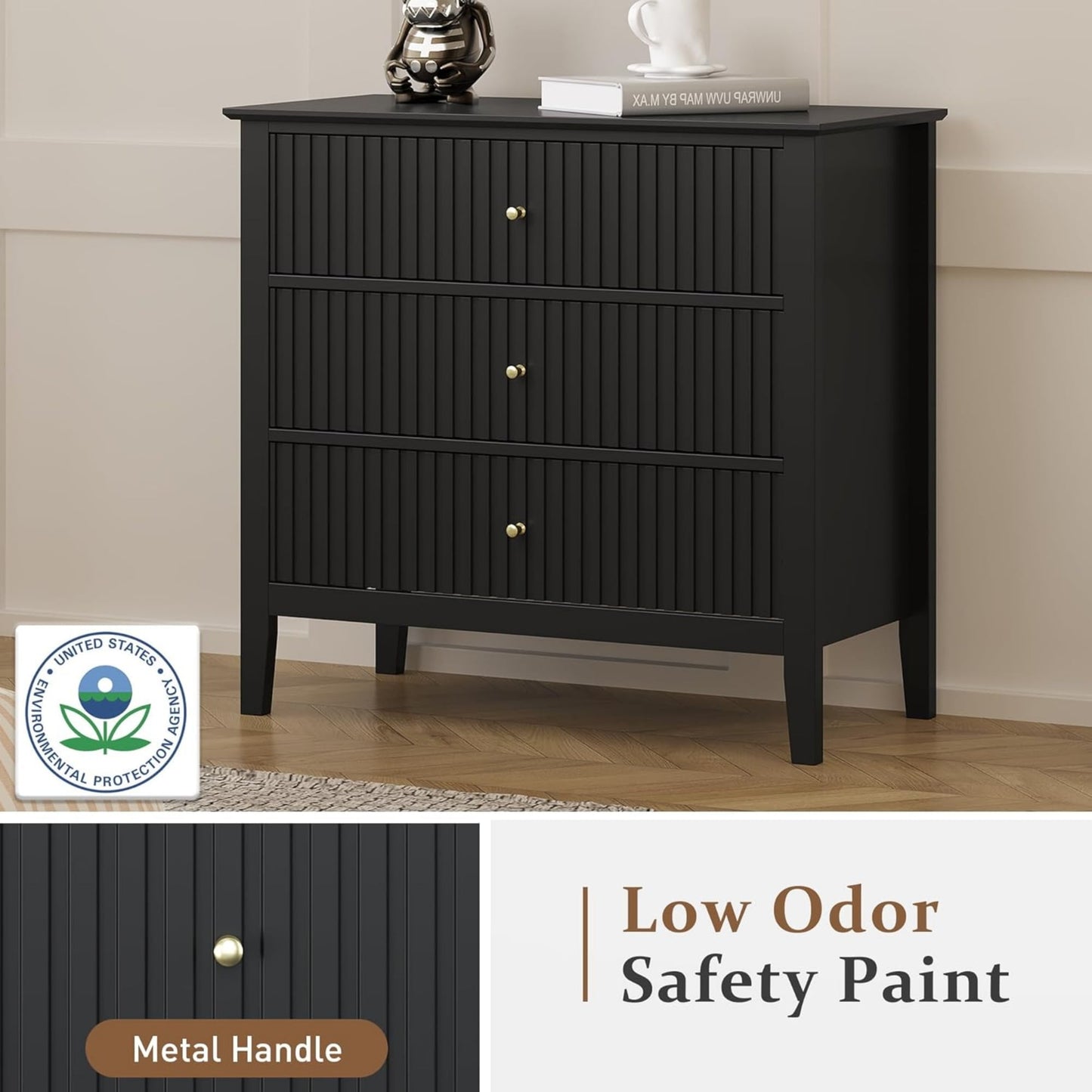 Superjoe Black 3 Drawer Dresser, Painted 30 Inch Tall Wood Nightstand with Storage, Wide Modern Chest of Drawers with Ball Bearing Slide for Bedroom Hallway Living Room Entryway Office