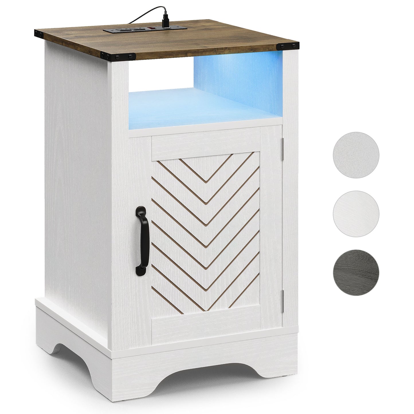 LED Nightstand with Charging Station, Farmhouse Wooden Side Table, Bedside Table with Storage Cabinet and Shelf, Rustic End Table for Bedroom, Living Room