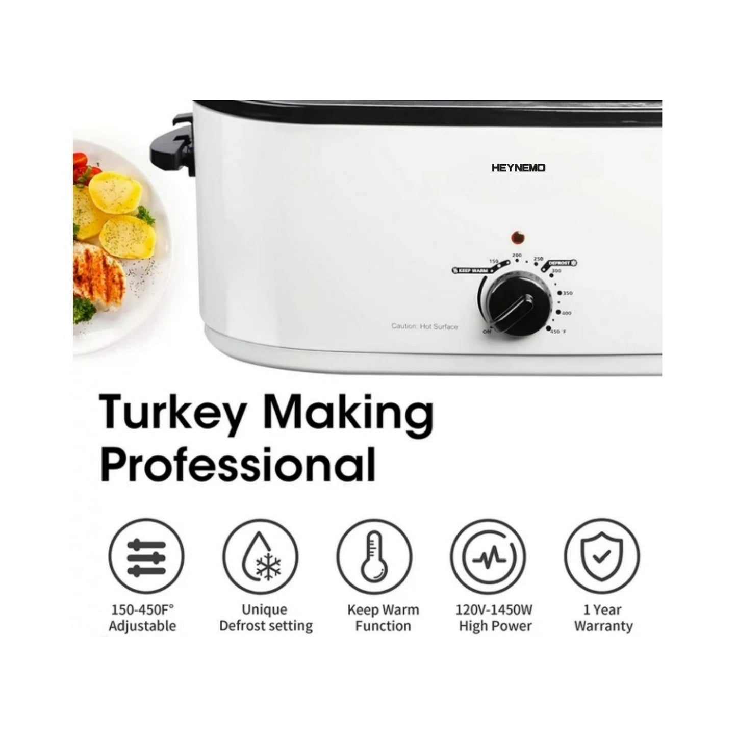 CozyHom 26 QT Electric Roaster Oven, Stainless Steel Turkey Roaster Pan, Self-Basting Lid Removable Insert Pot for Gathering and Dining, White