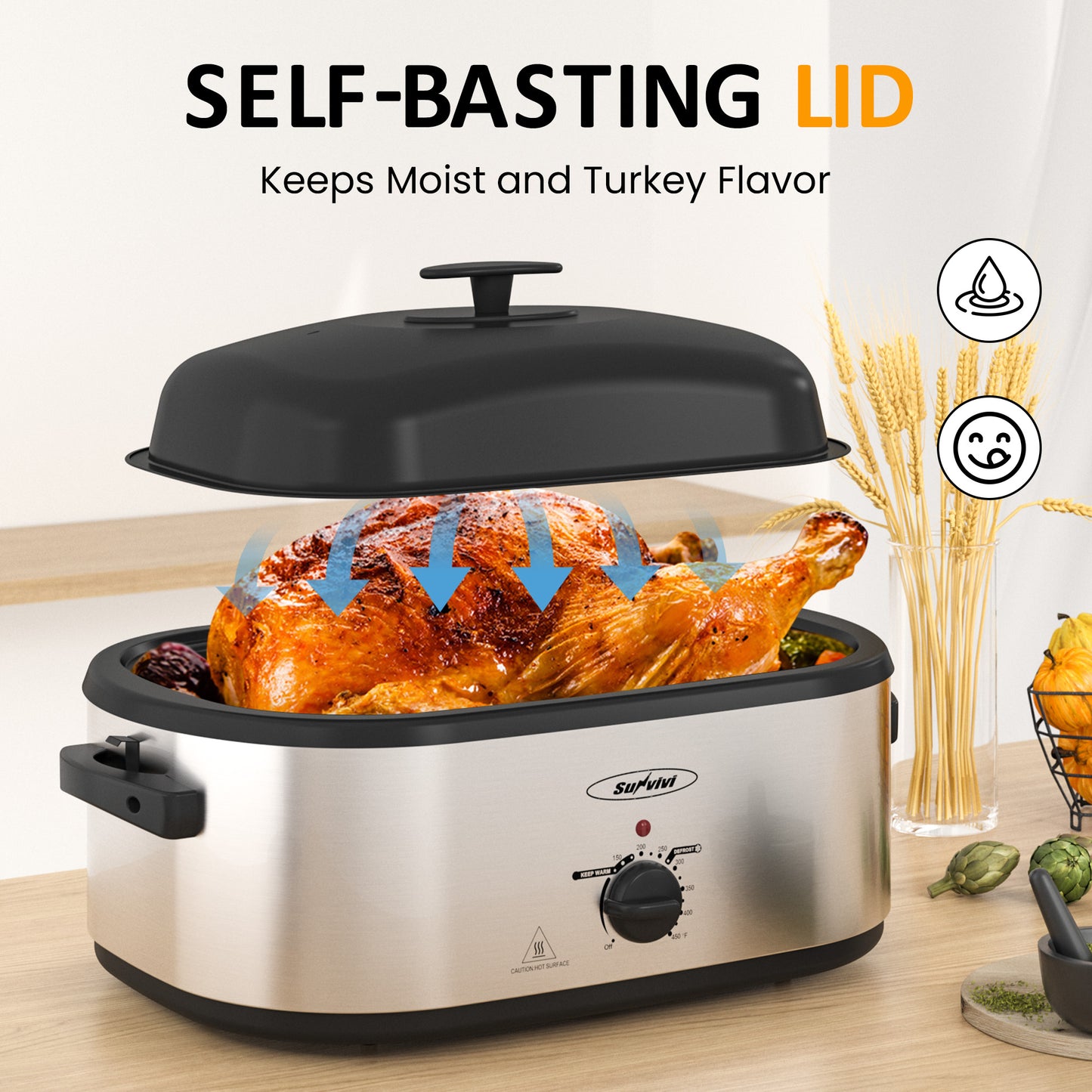 Electric Roaster Oven, 20 QT Roaster with Self-Basting Lid and Buffet Server, Turkey Roaster Oven with 150-450°F Full-Range Temperature Control, Removable Pan & Rack, Stainless Steel, Silver