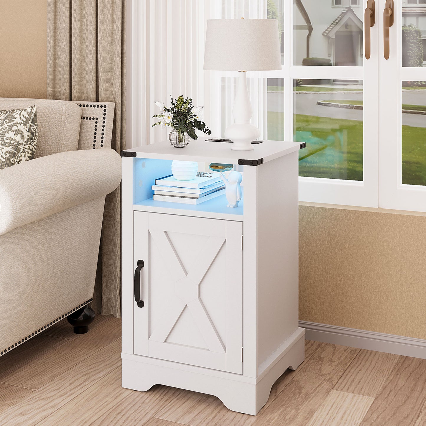 LED Nightstand with Charging Station, Farmhouse Wooden Side Table, Bedside Table with Storage Cabinet and Shelf, Rustic End Table for Bedroom, Living Room