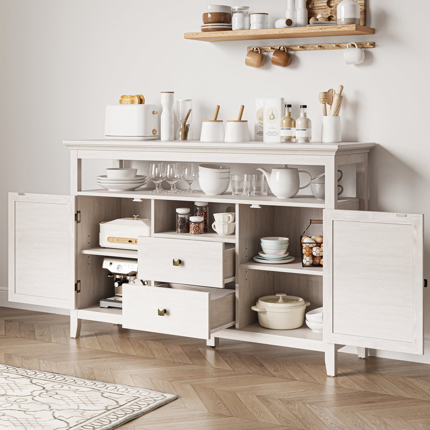 Royalcraft Farmhouse Rattan Storage Cabinet, Boho Sideboard Cabinet with Doors & Drawers, Buffet Cabinet with Adjustable Shelves, Accent Cabinet for Kitchen, Dining Room, Living Room, Grayish White
