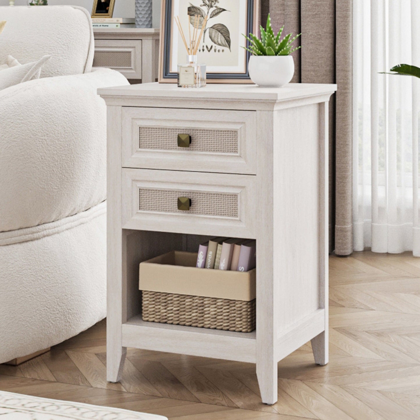 Royalcraft Farmhouse Nightstand, Boho Bedside Table with 2 Rattan Decor Drawers, Accent End Table with Open Storage Shelf, Wood Bedside Unit for Bedroom, Living Room, Home Office, Grayish White