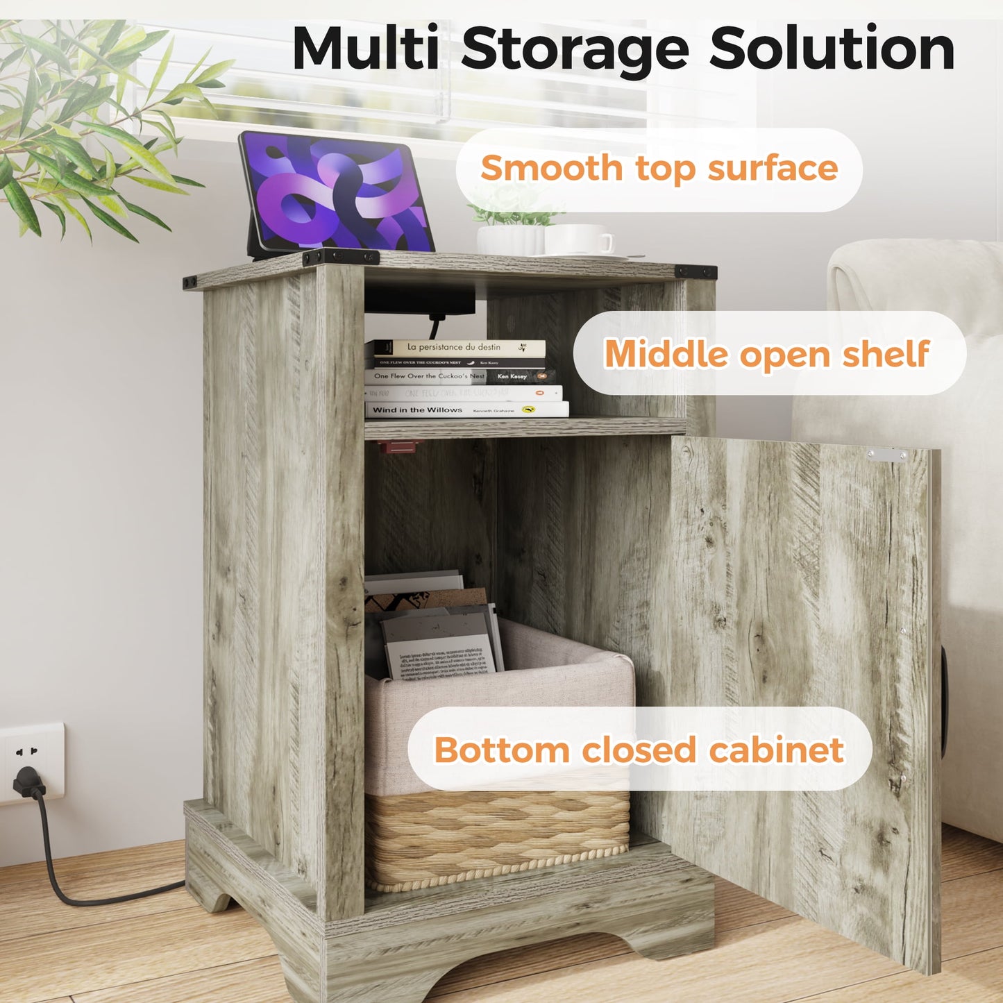 CozyHom Modern Farmhouse USB Nightstand Set of 2 With Storage Cabinet, End Side Table With Charging Station For Bedroom, Light Grey