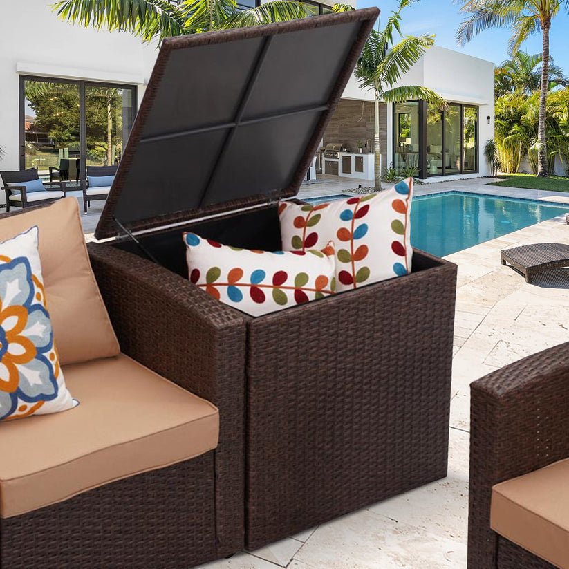 Royalcraft Outdoor Storage Box, 140 Gallon Grey PE Wicker Patio Storage Bin Patio Deck Boxes with Waterproof Inner