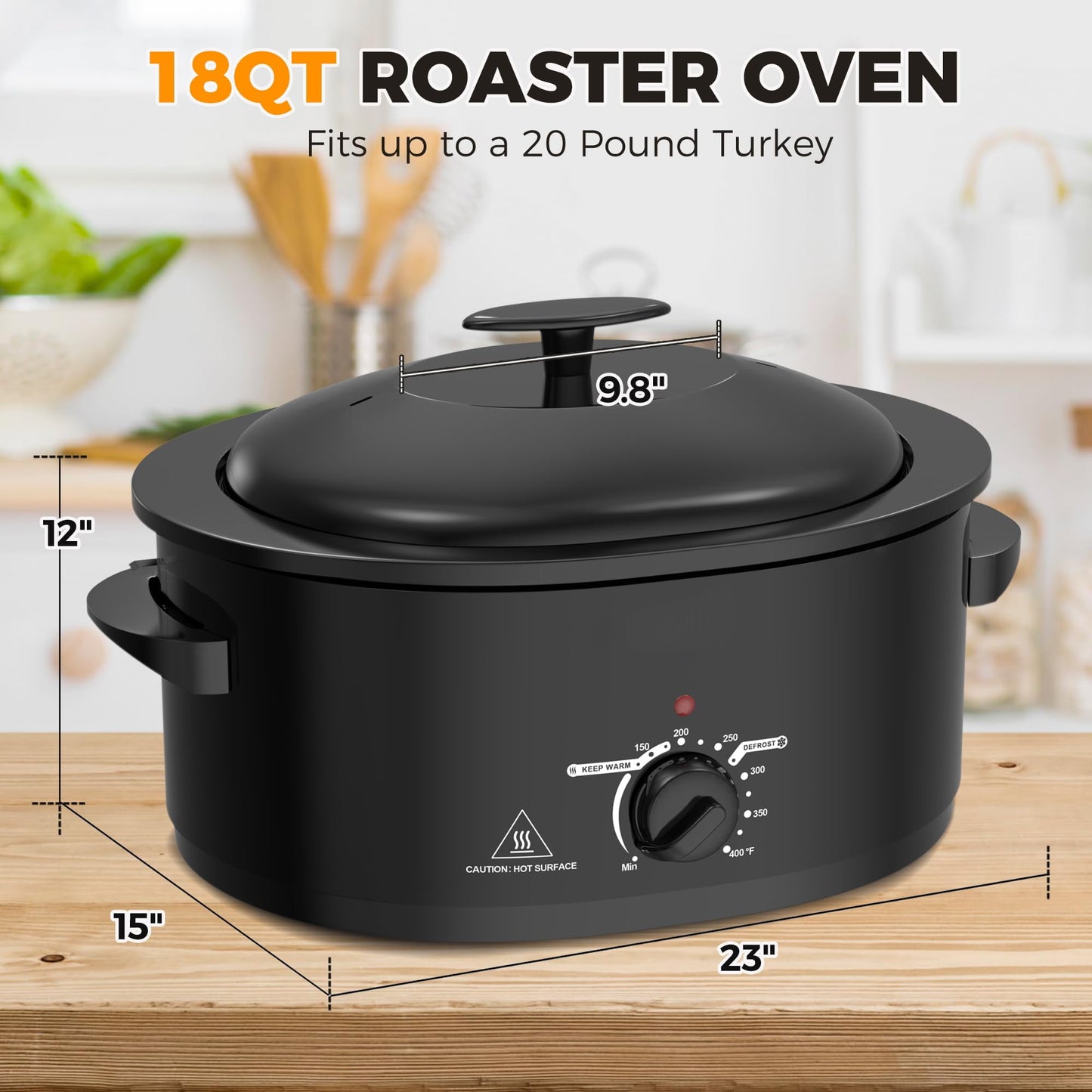 Superjoe 8 QT Electric Roaster Oven with Self-Basting Lid, Turkey Roaster Oven with Defrost Warm Function, Removable Pan and Rack, Stainless Steel Black
