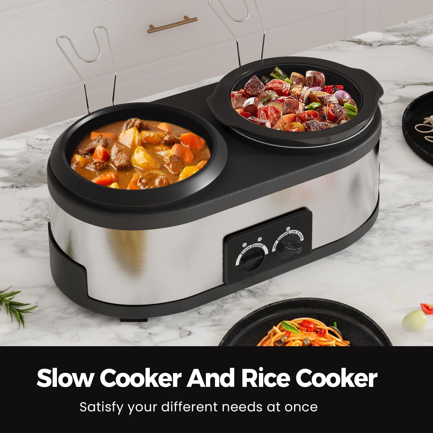 Superjoe 2 in 1 Double Slow Cooker, Combo Rice Cooker and 1.5 Quart Slow Cooker with 3 Cooking Settings, 3- Cup Non-Stick Aluminum Pot, Glass Lid, Stainless Steel