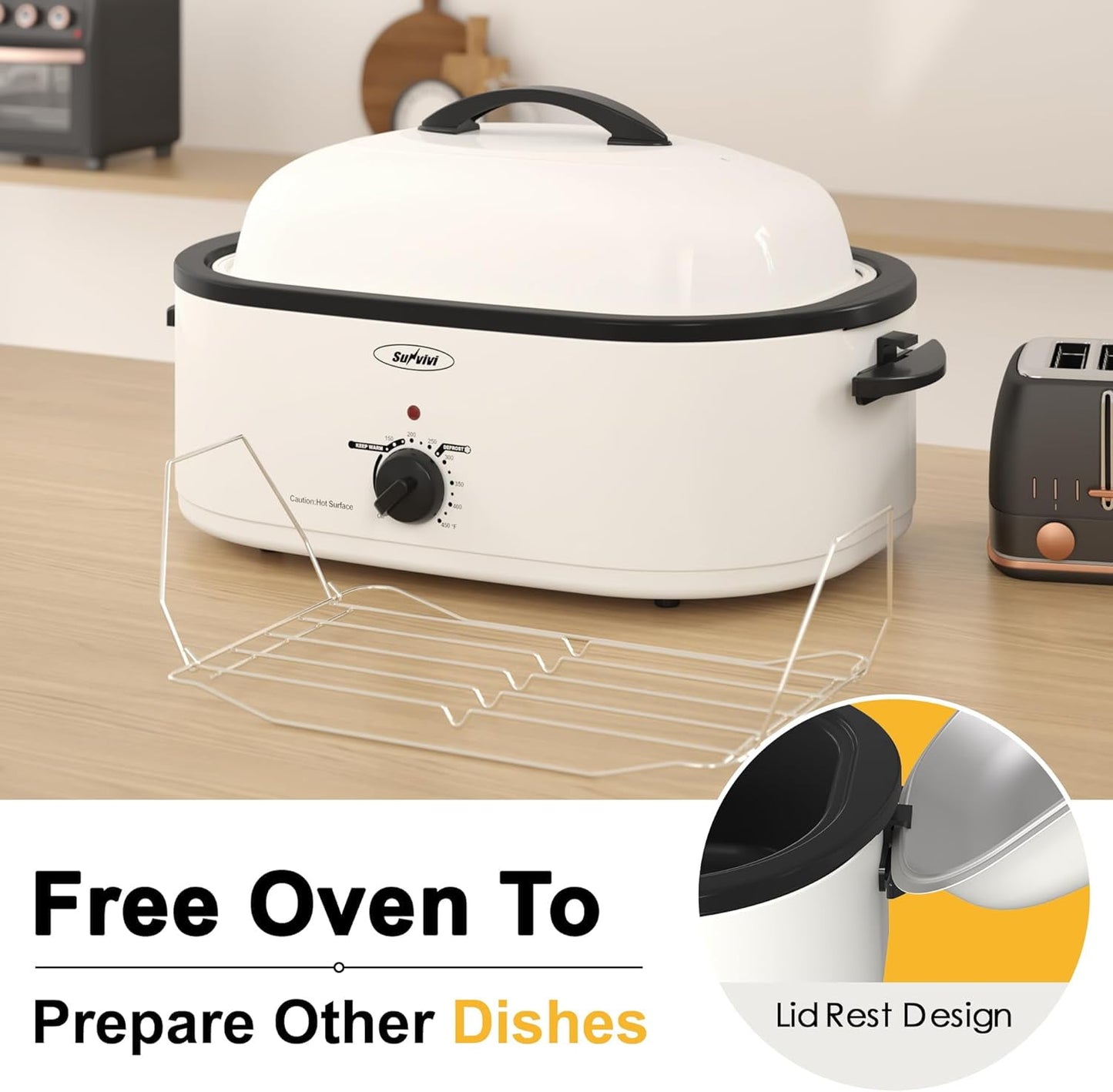 CozyHome 20-Quart Electric Roaster Oven, Turkey Roaster Oven with Removable Pan and Rack, Perfect for Large Meals and Holiday Feasts, White