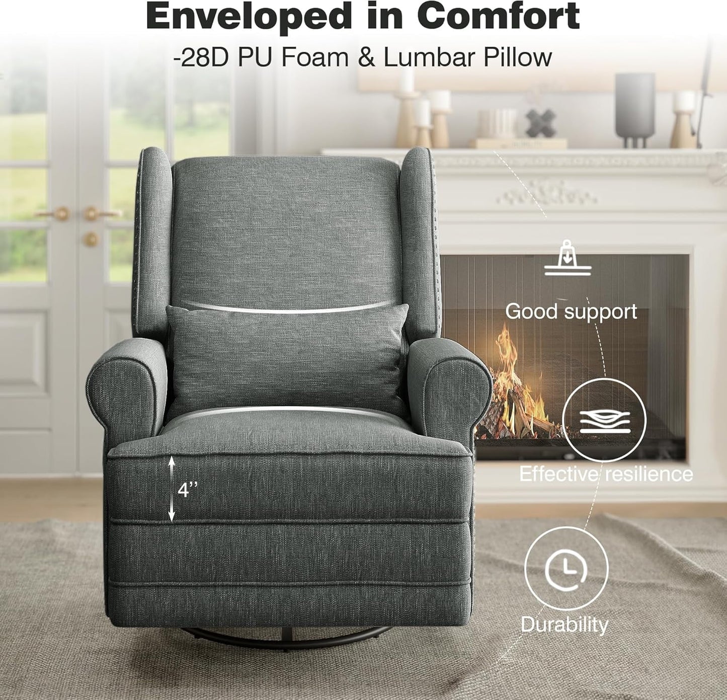 Superjoe Swivel Recliner Chair, Comfy Glider Rocking Chairs with Lumbar Pillow and Footrest, Upholstered Swivel Rocking Chair for Bedroom,Nursery, Dark Grey