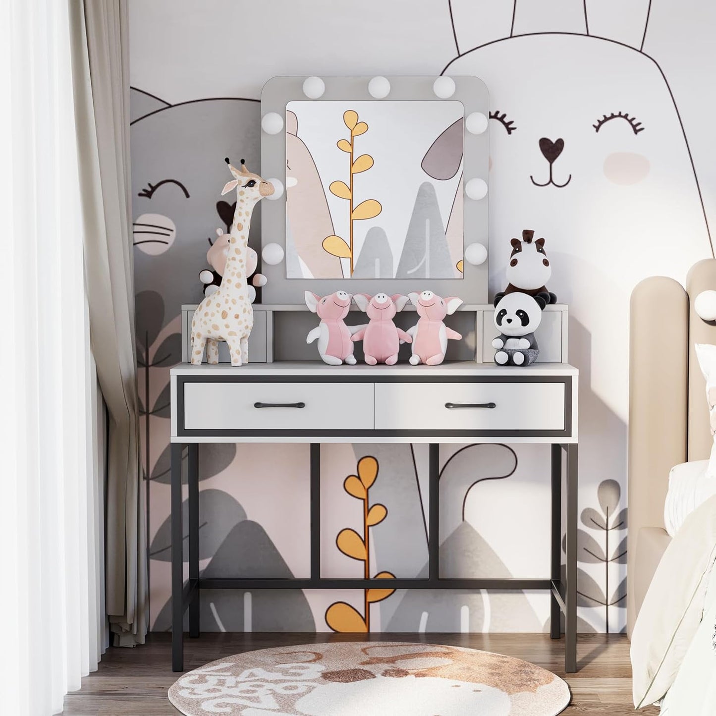 CozyHom Vanity with Mirror and Lights, Dressing Table Makeup Desk Vanity Table with 4 Drawers, 3 Color Lighting Modes & 10 Brightness for Bedroom, Whtie