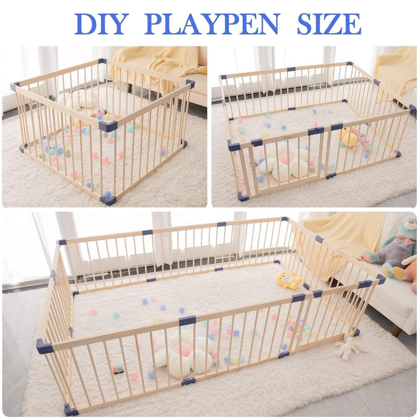 Superjoe Baby Playpen Kids Fence with Safety Gate, Activity Play Center, Safety and Anti-Drop Function, Safety Play Yard Indoor Outdoor Pure Wooden Baby Playpen (94.5"*55"*24")
