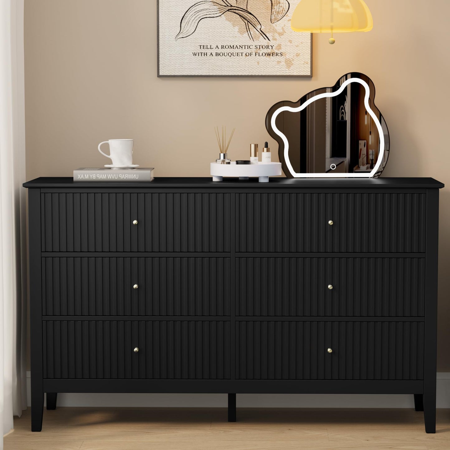Black Dresser Fluted 6 Drawer Dresser Wide Modern Chest of Drawers Large Closet Dressers Wood Storage Dressers Organizer Storage Cabinet for Bedroom Living Room Hallway Entryway