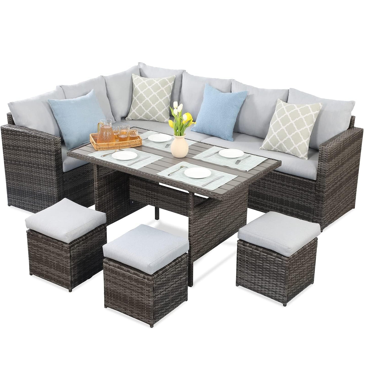 Royalcarft 7 Pcs Outdoor Conversation Set All Weather Wicker Sectional Sofa Set Dining Table Chair and Ottoman,Steel Frame,Gray