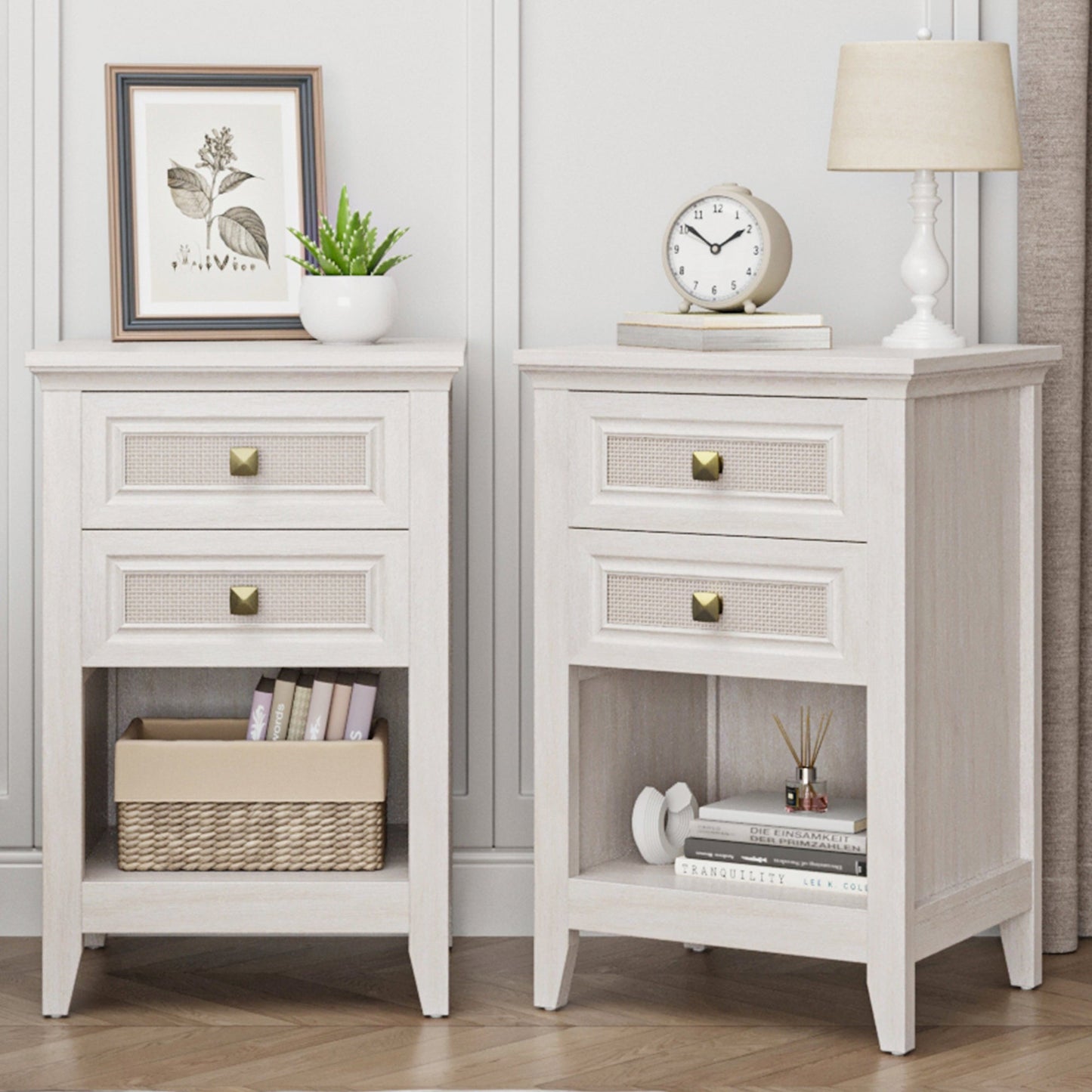 Royalcraft Farmhouse Nightstand, Boho Bedside Table with 2 Rattan Decor Drawers, Accent End Table with Open Storage Shelf, Wood Bedside Unit for Bedroom, Living Room, Home Office, Grayish White