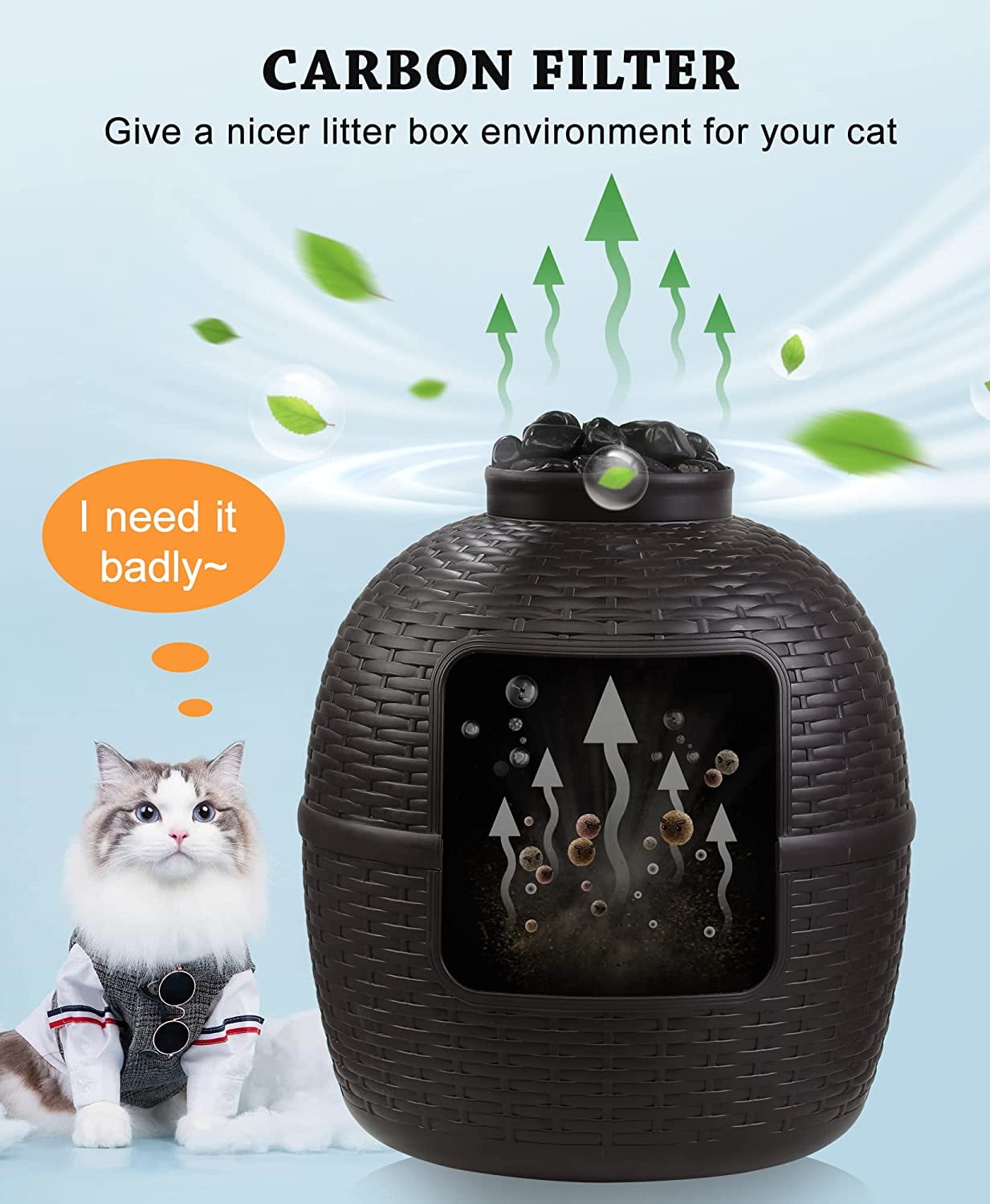 Superjoe Plastic Hidden Cat Litter Box with Carbon Filter & Real Stones, Brown