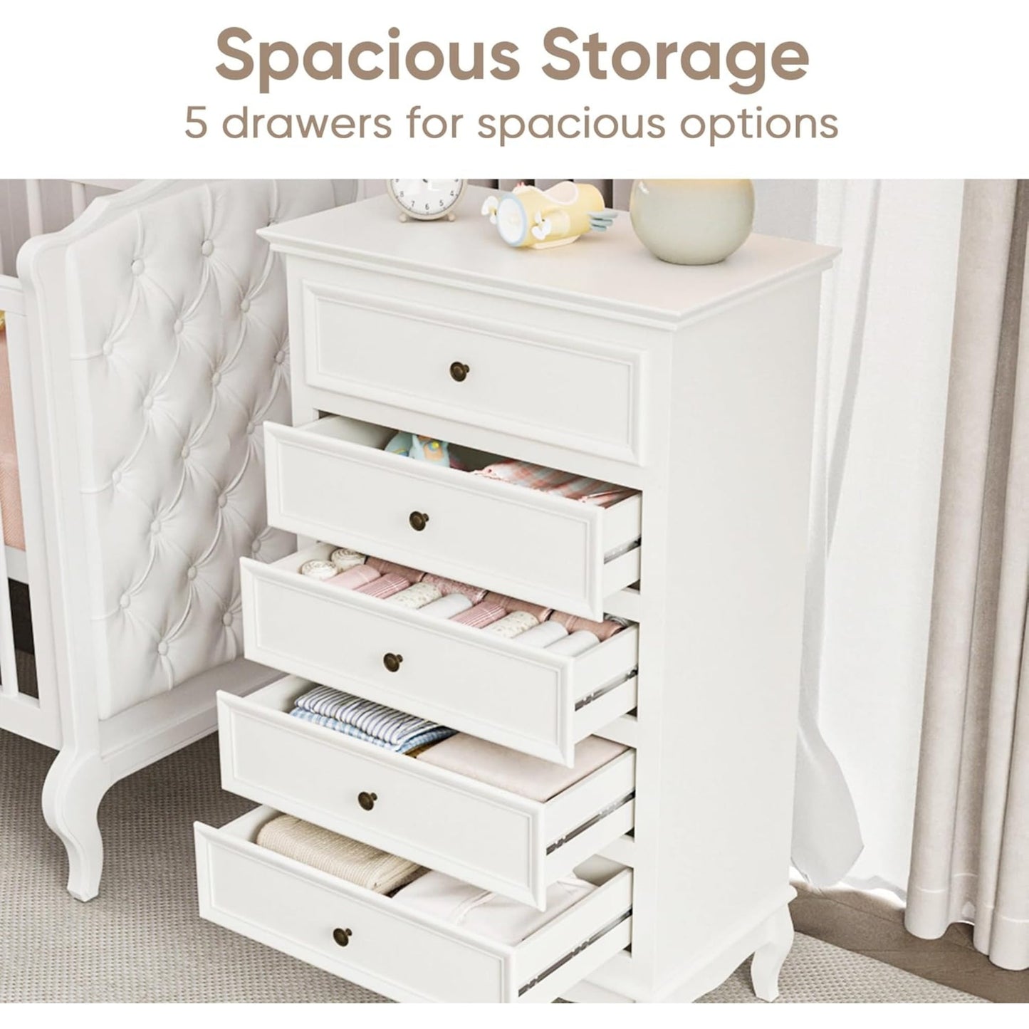 Superjoe White Dresser for Bedroom, Modern 5 Drawer Dresser, Wood Rustic Tall Chset of Drawers, Storage Dressers Organizer for Bedroom,Hallway