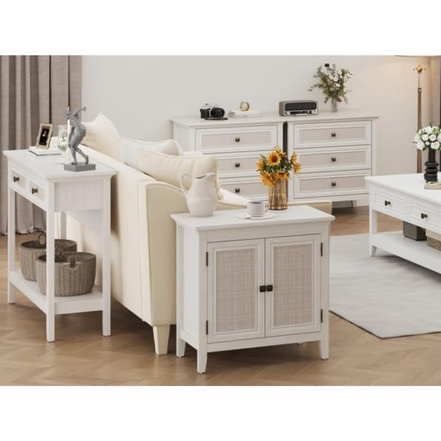 CozyHome Storage Cabinet, Kitchen Sideboard Cabinet with Rattan Decor Doors, Accent Buffet Cabinet with Adjustable Storage Shelf, Wood Cabinet Organizer for Hallway, Dining Room, Living Room, White