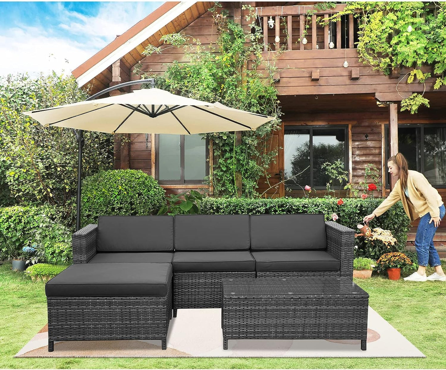 SunviviCollection Outdoor Patio Sectional Furniture Set, 5 Piece Weather Resistant Rattan Outside Couch, Waterproof Conversation Sofa Wicker Patio Furniture Set for Balcony, Porch, Backyard, Deck, Garden