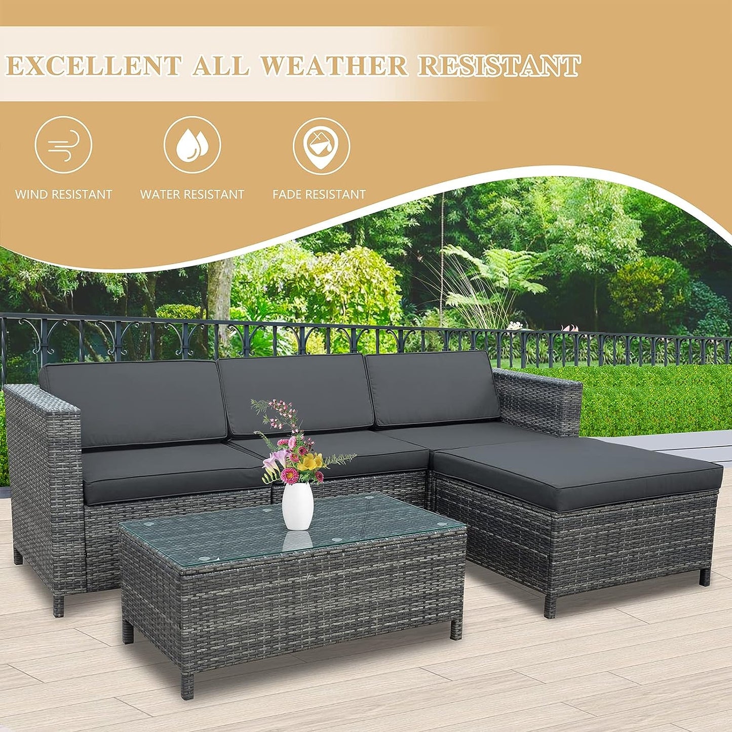 SunviviCollection Outdoor Patio Sectional Furniture Set, 5 Piece Weather Resistant Rattan Outside Couch, Waterproof Conversation Sofa Wicker Patio Furniture Set for Balcony, Porch, Backyard, Deck, Garden