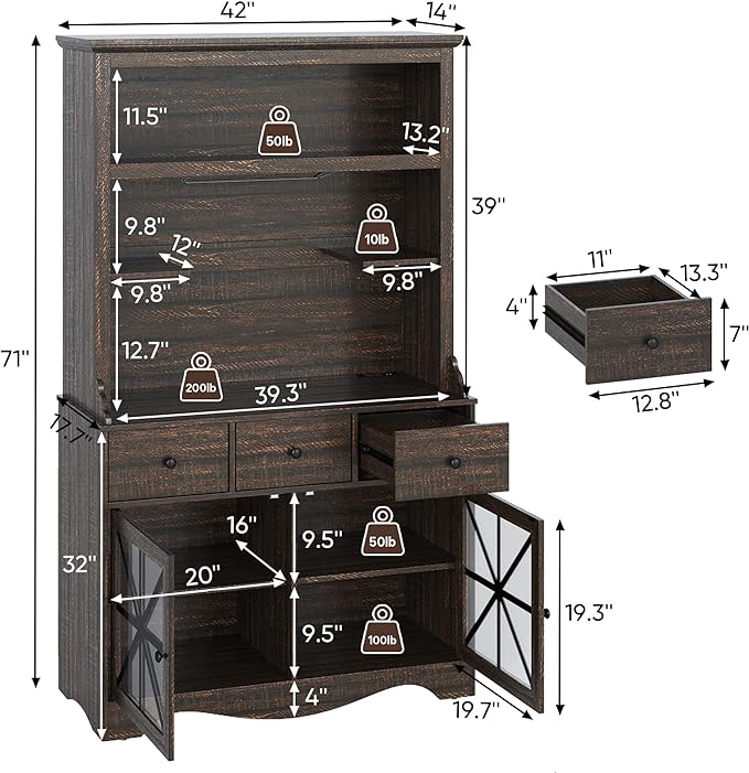 71'' Tall Farmhouse Bar Cabinet, Retro Buffet Cabinet with Charge Station & LED Lights, Liquor Cabinet Bar with Wine Bottle Rack for Kitchen, Living Room, Brown