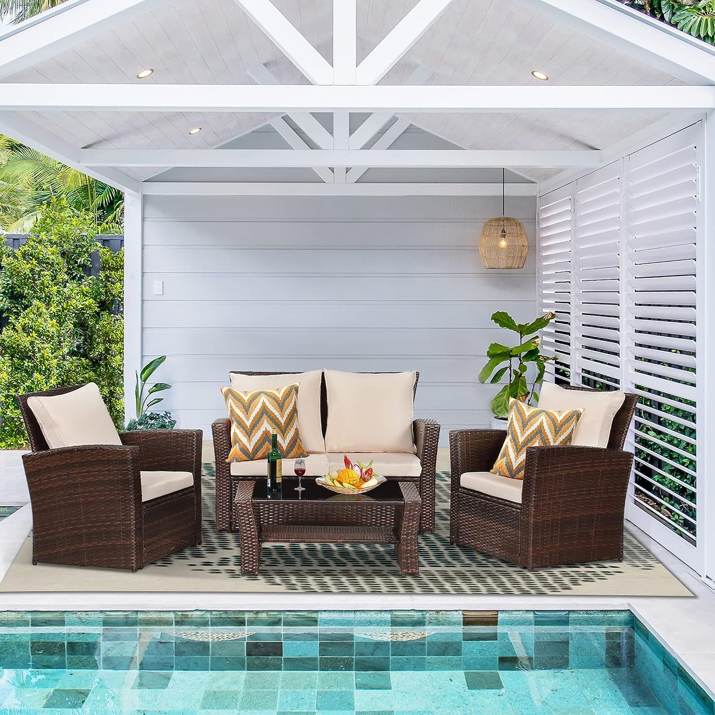 SunviviCollection 4 Piece Patio Furniture Sets, All-Weather Patio Conversation Set Outdoor Wicker Sectional Sofa Chair with Cushion and Coffee Table, Brown
