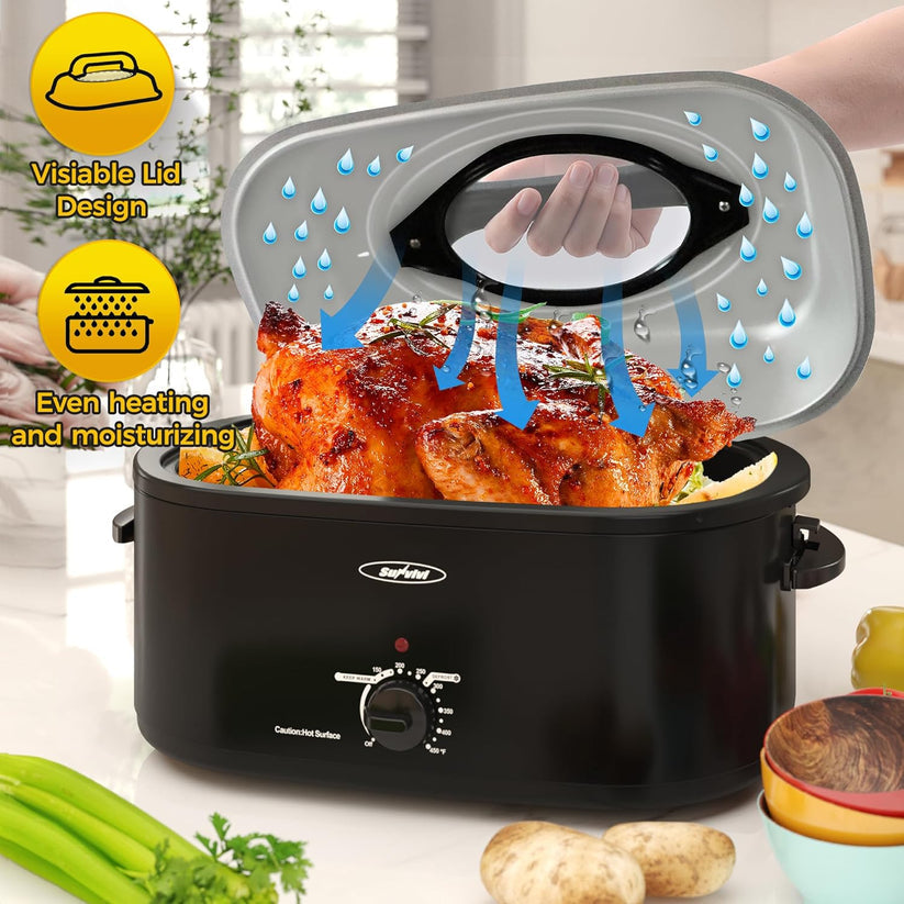 Roaster Oven with Self-Basting Lid, Electric Roaster with Removable Pan & Rack, 150-450°F Full-Range Temperature Control with Defrost/Warm Function, Stainless Steel, Silver