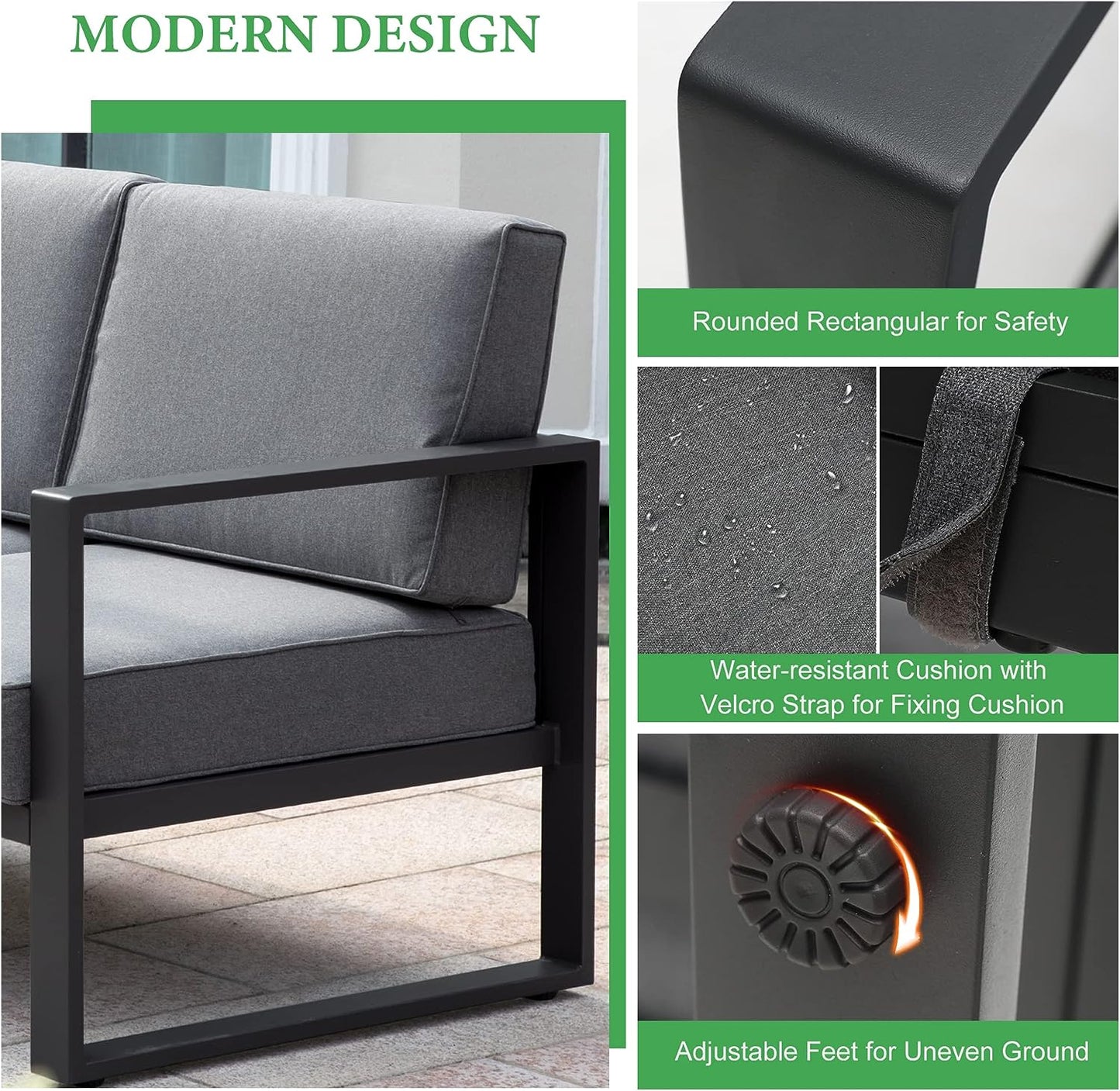 SunviviCollection Aluminum Patio Furniture Couch, Metal Contemporary 3-Seat Sofa Chair with Cushion and Waterproof Cover, Modern Grey