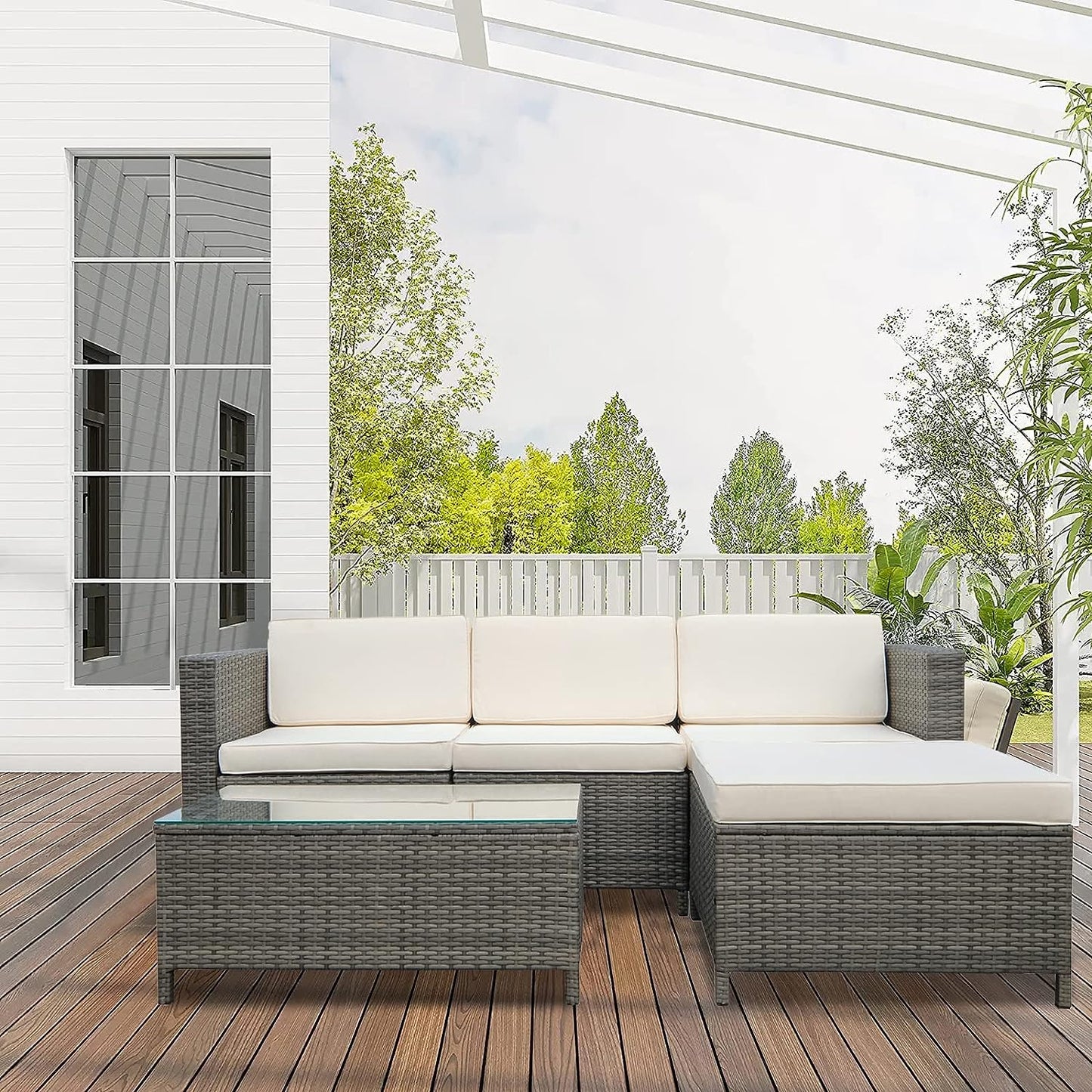 SunviviCollection Outdoor Patio Sectional Furniture Set, 5 Piece Weather Resistant Rattan Outside Couch, Waterproof Conversation Sofa Wicker Patio Furniture Set for Balcony, Porch, Backyard, Deck, Garden