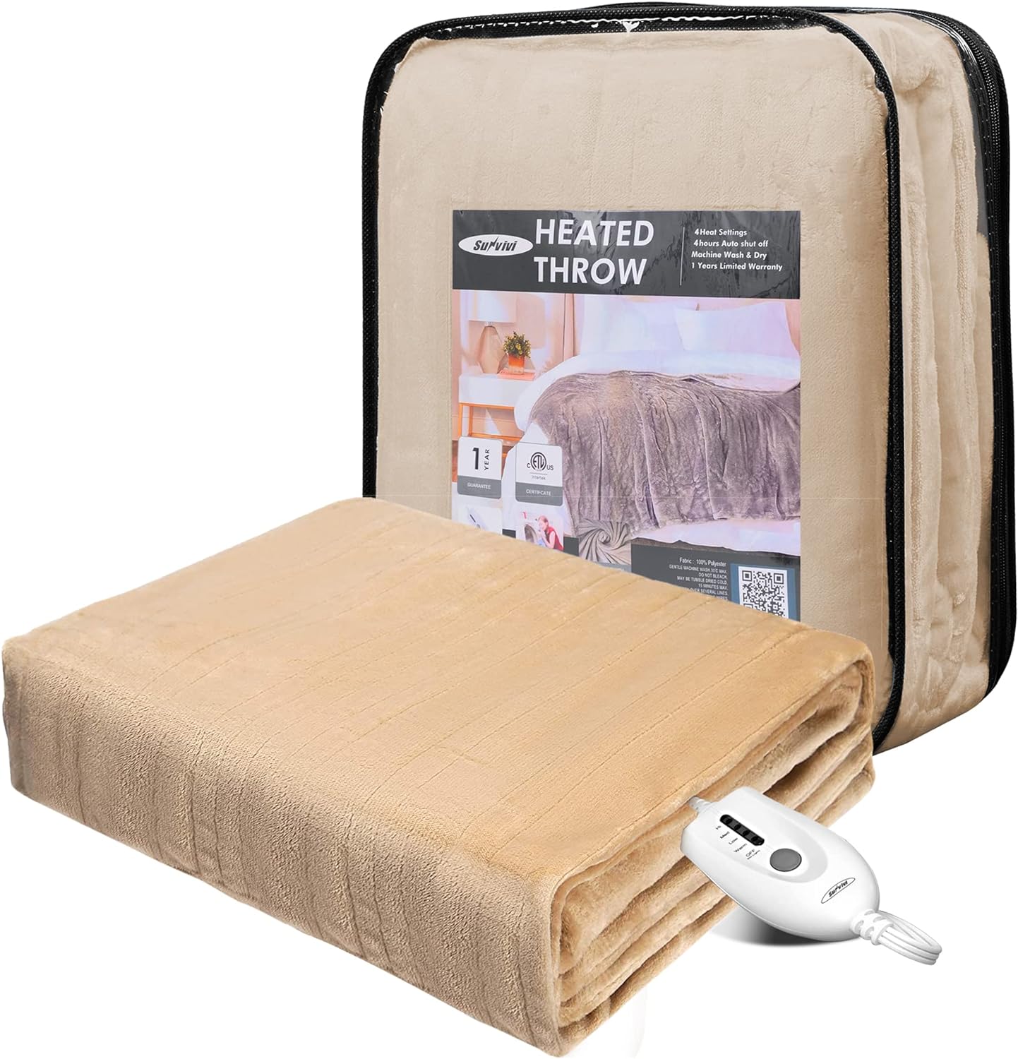 Sunvivi Electric Blanket King Size, Heated Blanket Dual Control Soft Flannel, 10 Heat Settings, 12 Hours Auto Off, Machine Washable, 5 Years Warranty, Overheat Protection, ETL Certified, Grey
