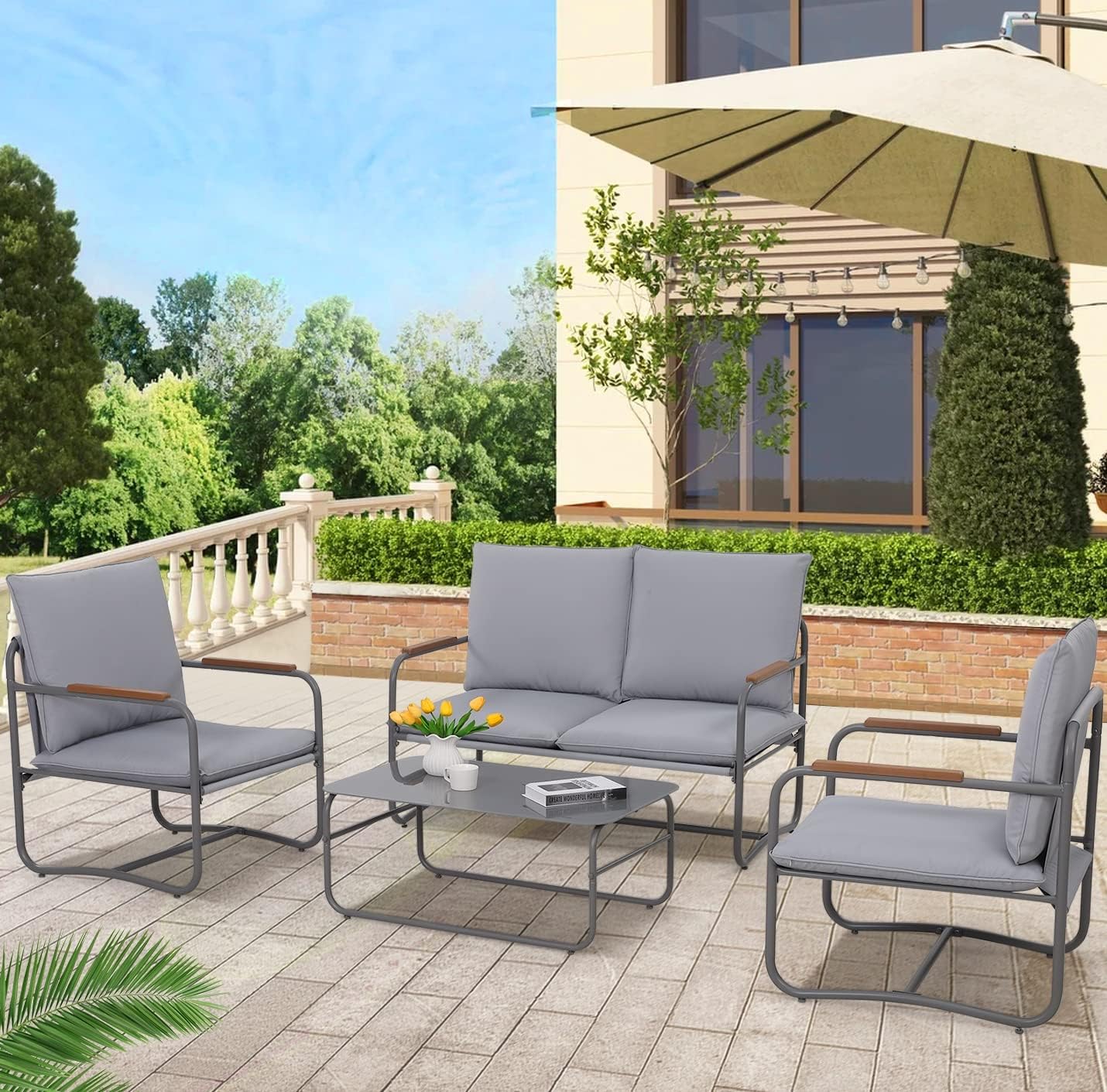 SunviviCollection Aluminum Patio Furniture, Outdoor Metal Patio Furniture Conversation Set with Coffee Table, Outside Patio Sofa Sets with Cushion for Balcony Backyard Garden, Beige