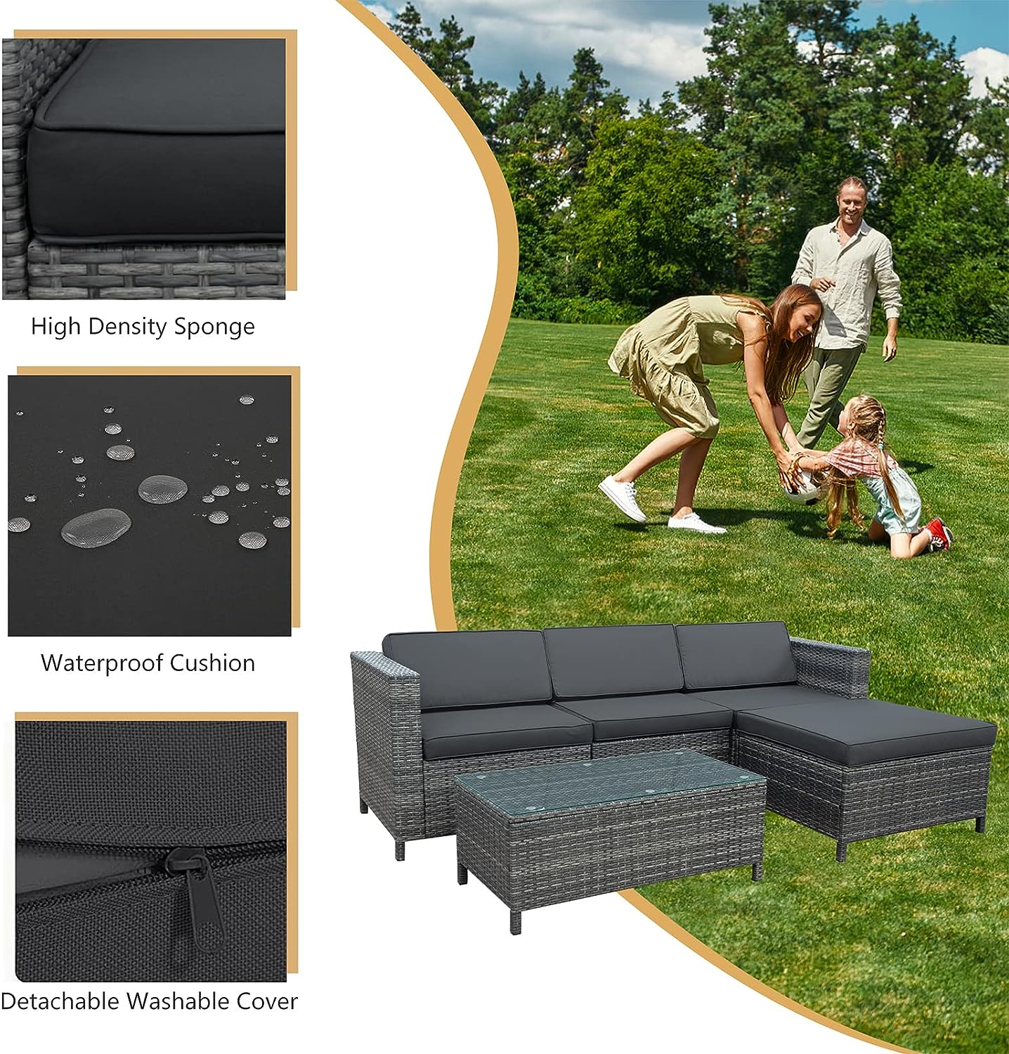 SunviviCollection Outdoor Patio Sectional Furniture Set, 5 Piece Weather Resistant Rattan Outside Couch, Waterproof Conversation Sofa Wicker Patio Furniture Set for Balcony, Porch, Backyard, Deck, Garden