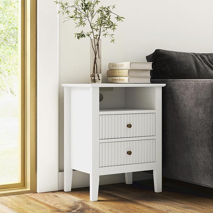 RoyalCraft Fluted Nightstand Set of 2 with Charging Station, White End Table with 2 Silent Slide Drawers & Storage Shelf, Modern Side Table, Wood Night Stand Cabinet for Living Room, Bedroom