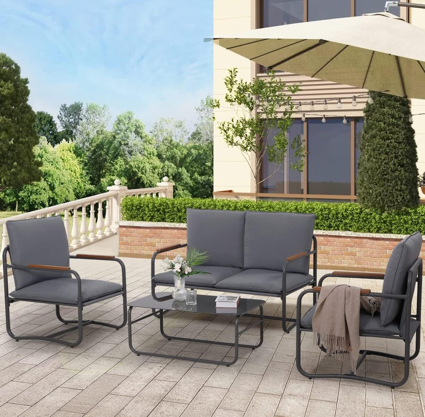 SunviviCollection Aluminum Patio Furniture, Outdoor Metal Patio Furniture Conversation Set with Coffee Table, Outside Patio Sofa Sets with Cushion for Balcony Backyard Garden, Beige