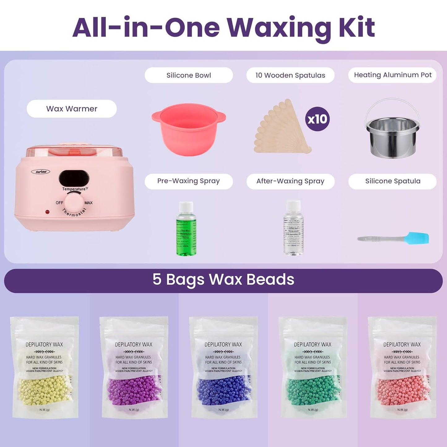Superjoe Waxing Kit, Brazilian Wax Warmer for Hair Removal with 5 Bag Hard Wax Beads, Digital Display Wax Melt Warmer Kit for Women Men Full Body, Legs, Face, Bikini,Sensitive skin, Pink