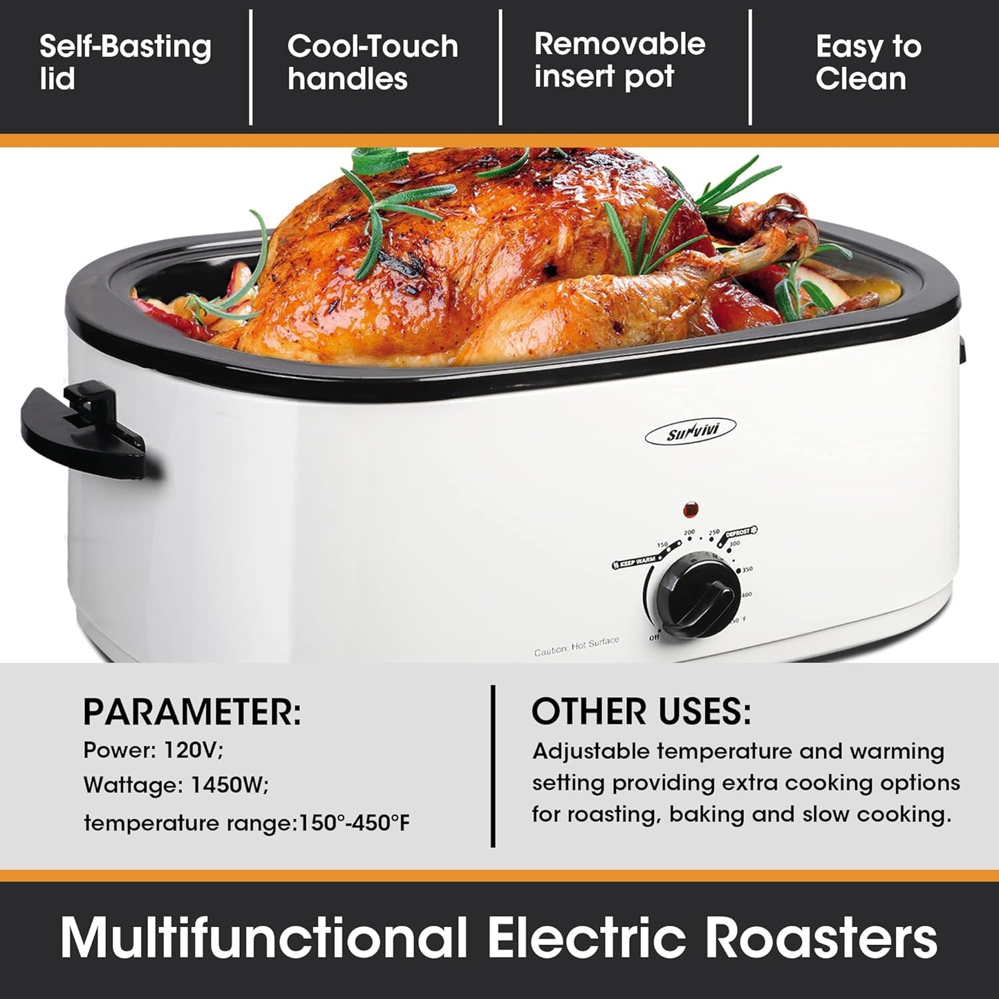 Roaster Oven, Electric Roaster Oven with Viewing Lid, Sunvivi Turkey Roaster with Unique Defrost/Warm Function, Large Roaster with with Removable Pan & Rack, Stainless Steel, White