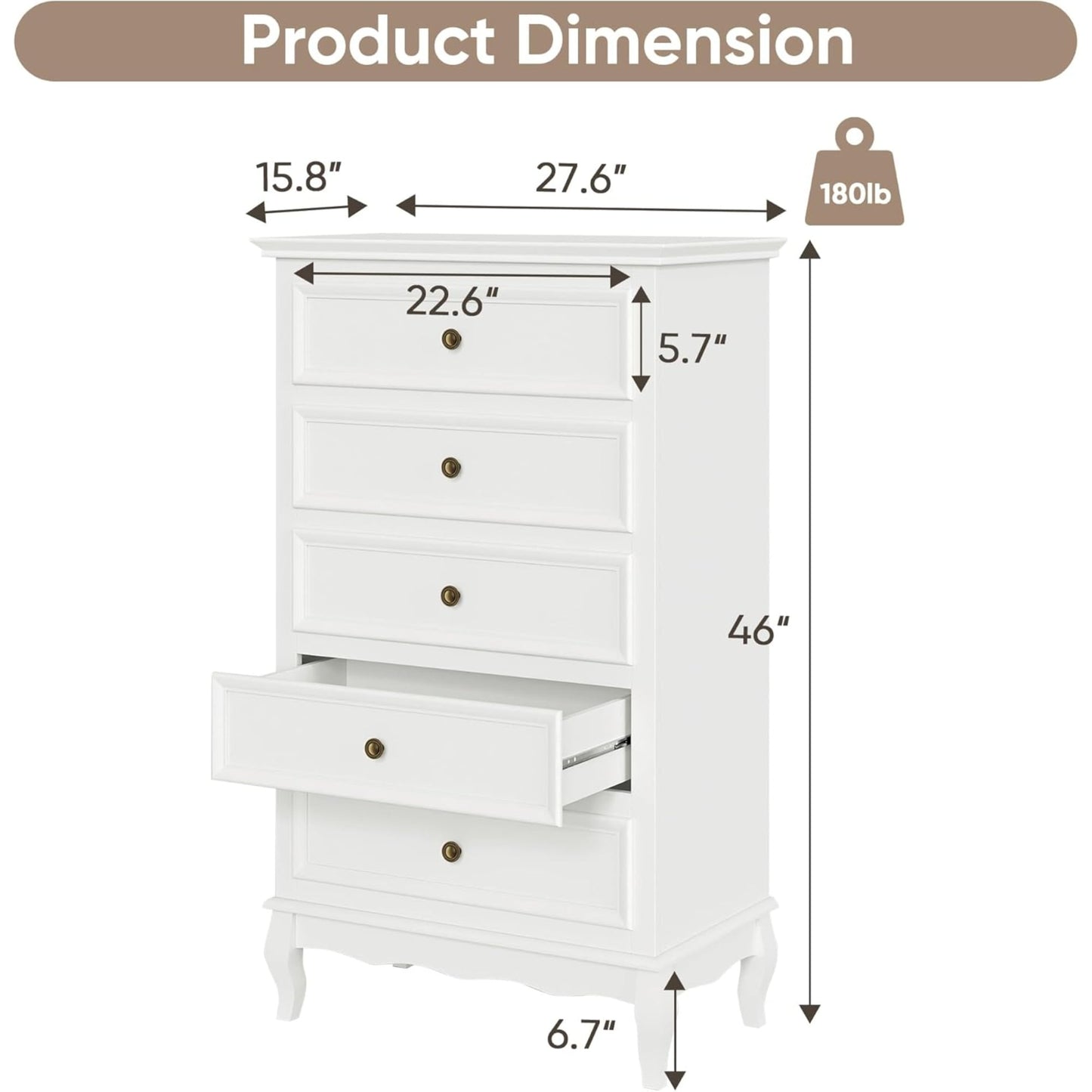 Superjoe White Dresser for Bedroom, Modern 5 Drawer Dresser, Wood Rustic Tall Chset of Drawers, Storage Dressers Organizer for Bedroom,Hallway