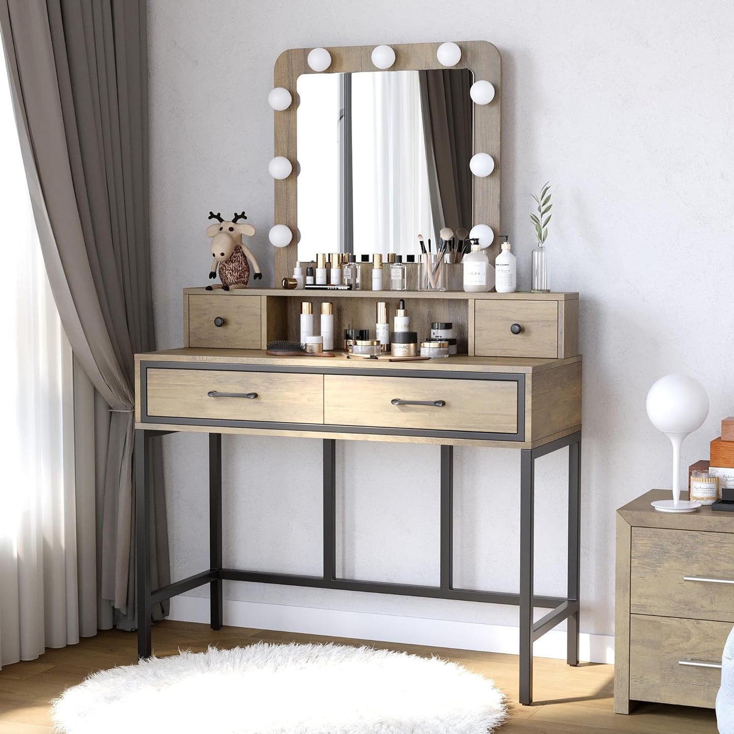 Sunvivi Vanity Desk with Lighted Mirror, 40" Large White Dressing Makeup Vanity Table with 4 Drawers, 3 Color Lighting Modes & 10 Brightness, Dressing Table with Metal Frame for Bedroom