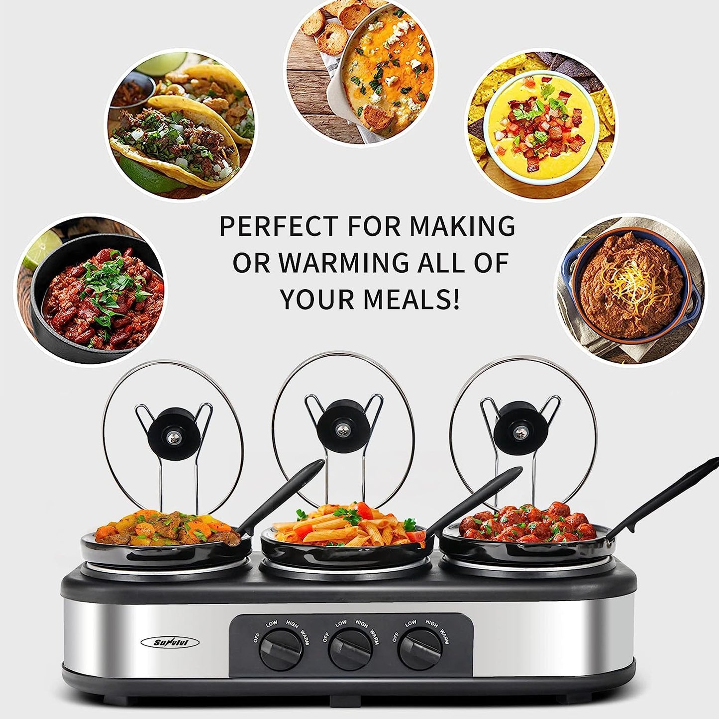 Sunvivi Triple Slow Cooker, Buffet Server, 3 Pot Food Warmer, 4.5QT