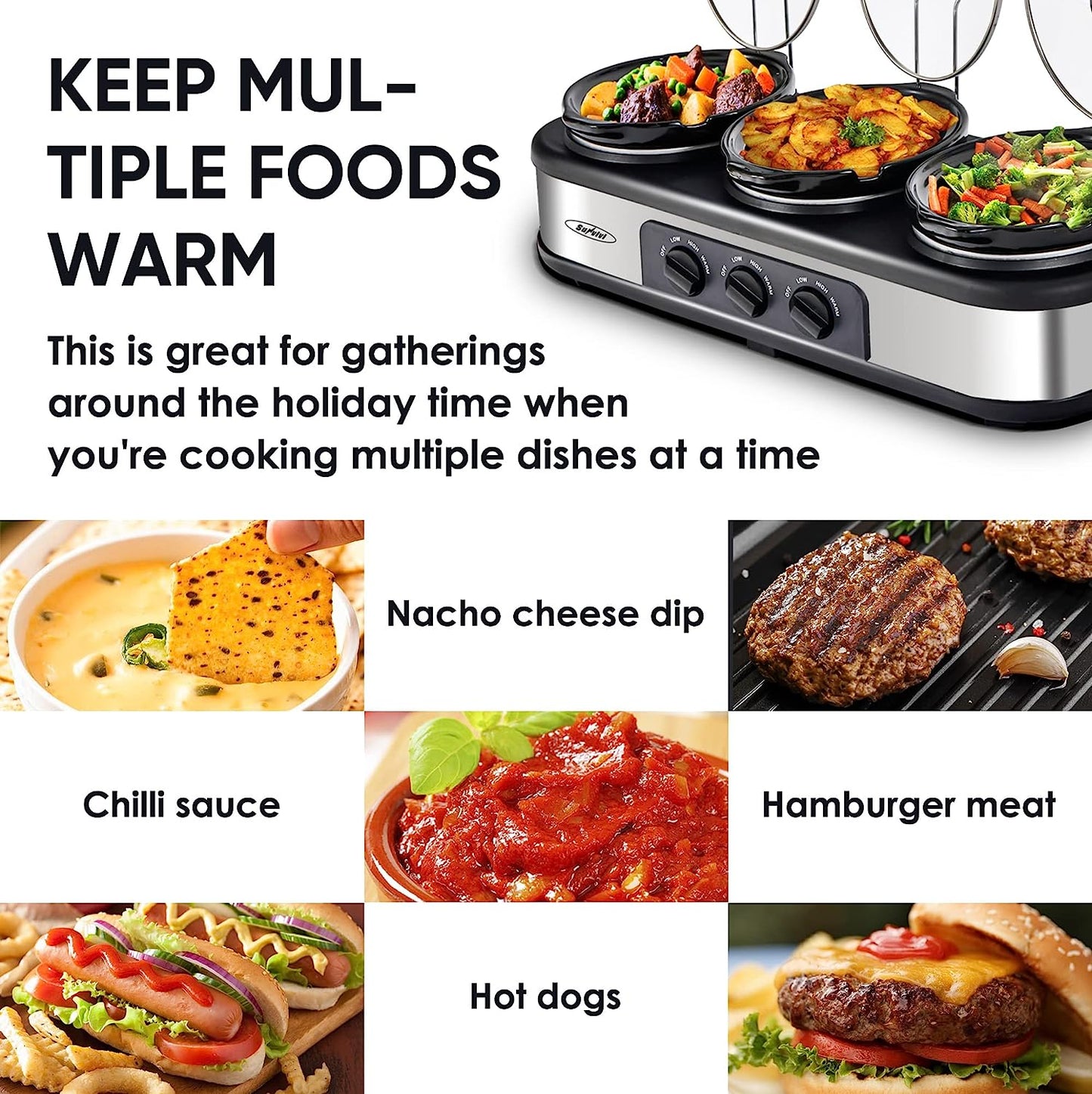Sunvivi Triple Slow Cooker, Buffet Server, 3 Pot Food Warmer, 4.5QT