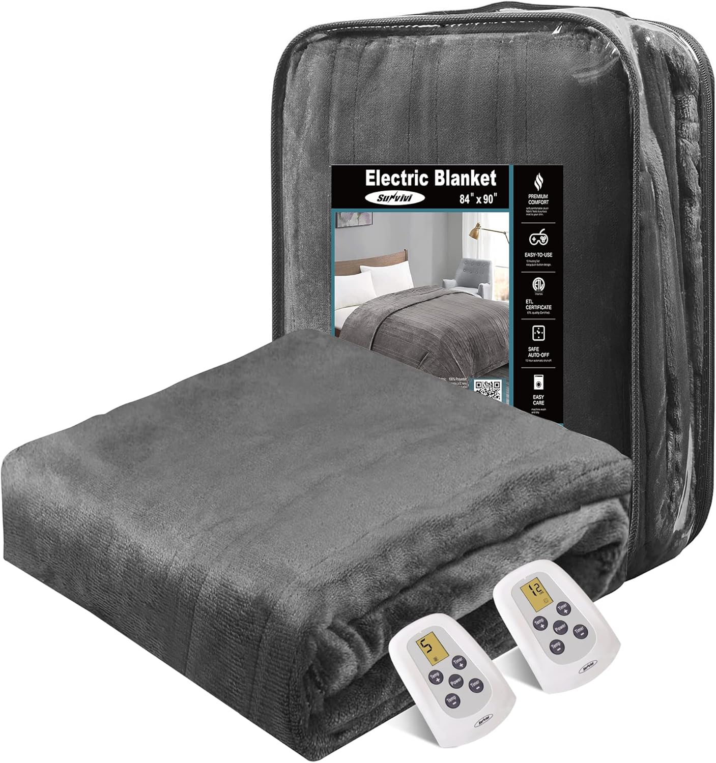 Sunvivi Electric Blanket King Size, Heated Blanket Dual Control Soft Flannel, 10 Heat Settings, 12 Hours Auto Off, Machine Washable, 5 Years Warranty, Overheat Protection, ETL Certified, Grey