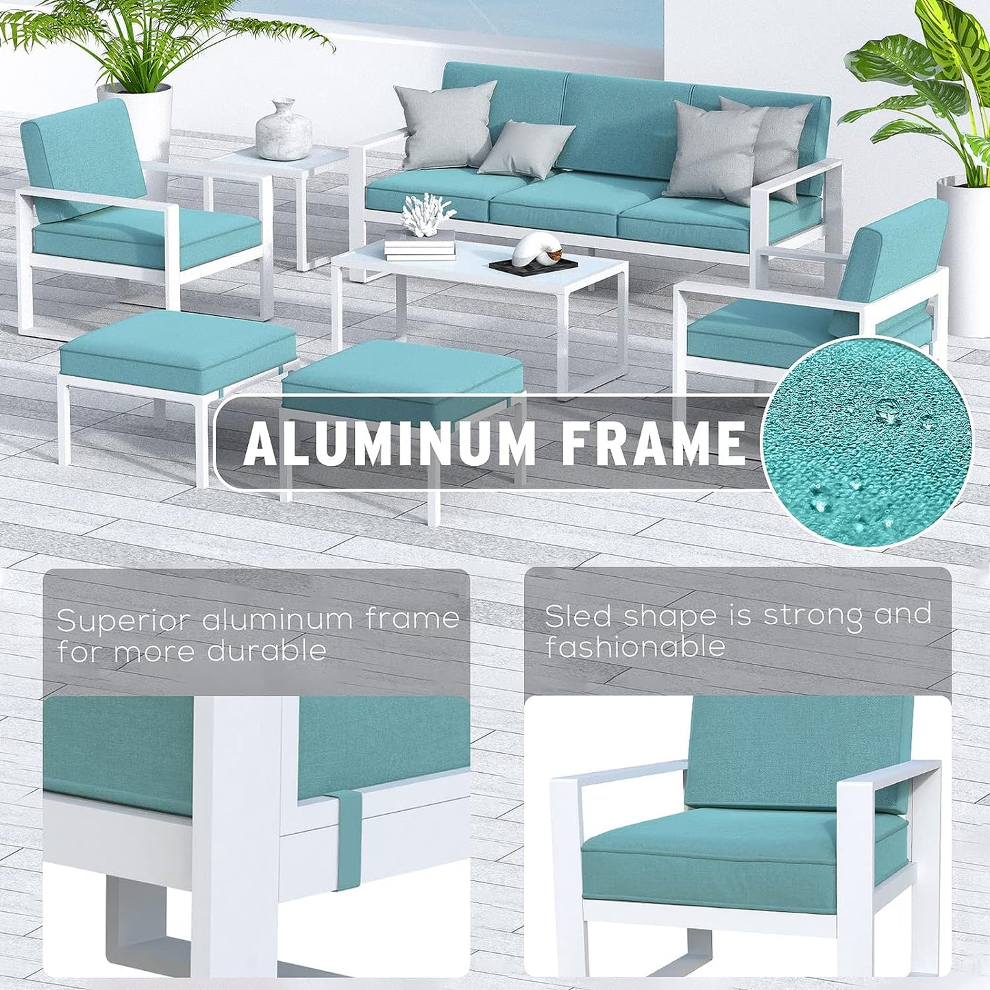 SunviviCollection Aluminum Patio Furniture Set, 7 Pieces Modern Patio Conversation Sets with Coffee Table and Ottomans, Outdoor Sectional Sofa with Cushions for Balcony, Backyard, Porch, Lawn, White