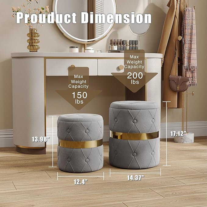 RoyalCraft Storage Ottoman Set of 2, Versatile Footrest Stool with Stainless Steel Base, Modern Round Vanity Stool Chair Foot Stools, Support 200lbs Padded Seat, for Living Room, Bedroom