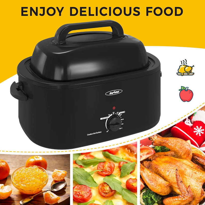 Roaster Oven with Self-Basting Lid, Electric Roaster with Removable Pan & Rack, 150-450°F Full-Range Temperature Control with Defrost/Warm Function, Stainless Steel, Silver