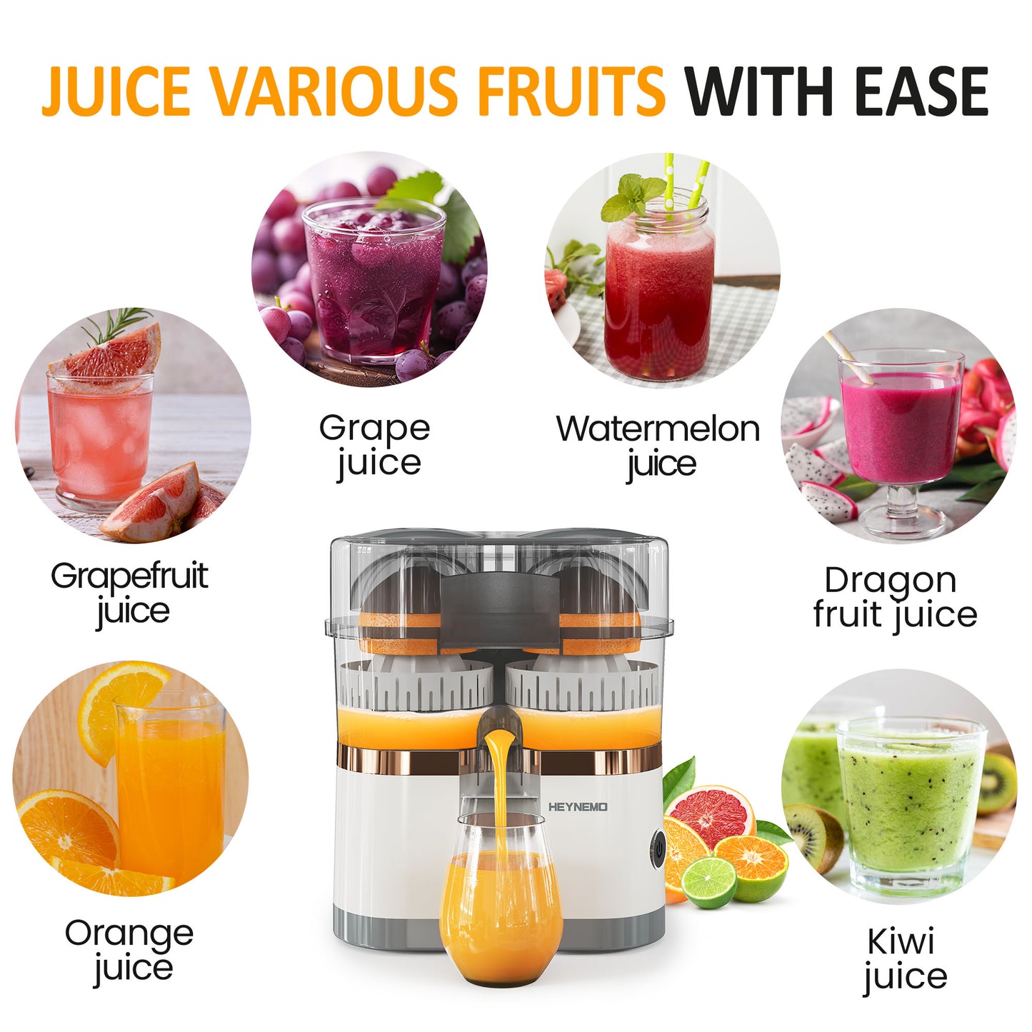 Dual-Head Electric Citrus Juicer, Rechargeable Juicer Machine with USB Charging & Cleaning Brush, Portable Lemon Squeezer for Fresh Orange, Lemon, Lime, Kiwi, Grapefruit, Easy to Clean & Use