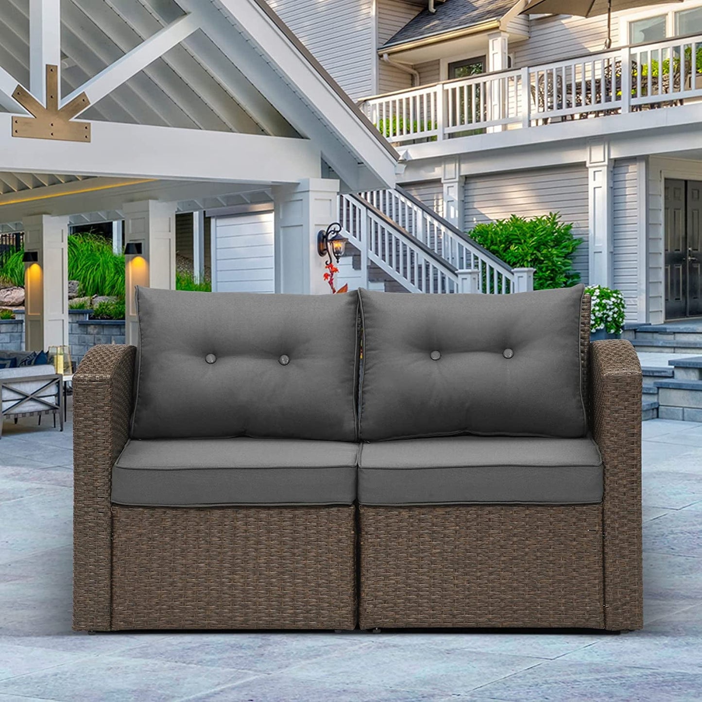sunvivicollectionPatio Wicker Loveseat 2-Seater Sofa, Rattan Wicker Sofa for 2 Persons with Cushions for Garden, Beach, Balcony and Poolside, Aluminum Frame