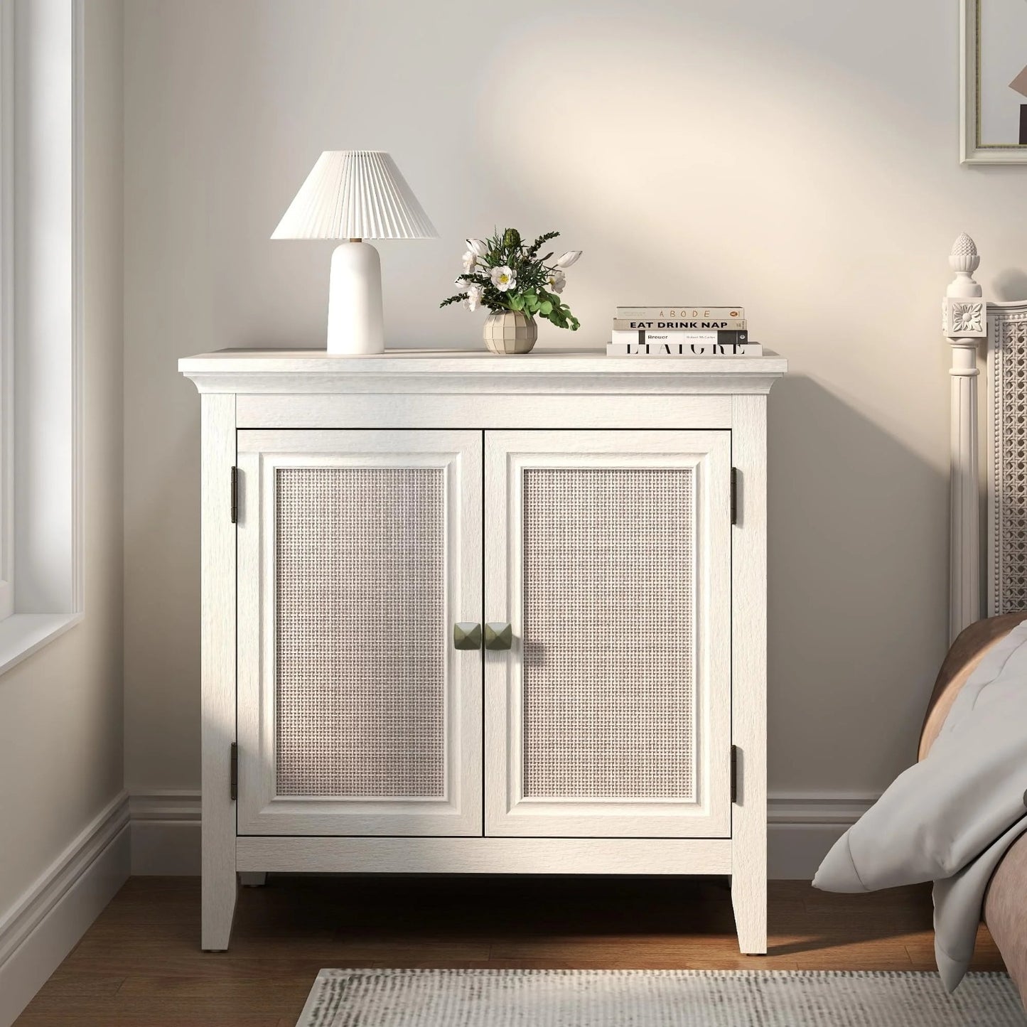 CozyHome Storage Cabinet, Kitchen Sideboard Cabinet with Rattan Decor Doors, Accent Buffet Cabinet with Adjustable Storage Shelf, Wood Cabinet Organizer for Hallway, Dining Room, Living Room, White
