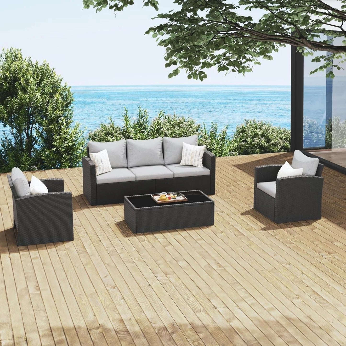 sunvivicollection Outdoor Patio Loveseat, Wicker Rattan Outside Furniture Couch Sofa with Grey Cushions